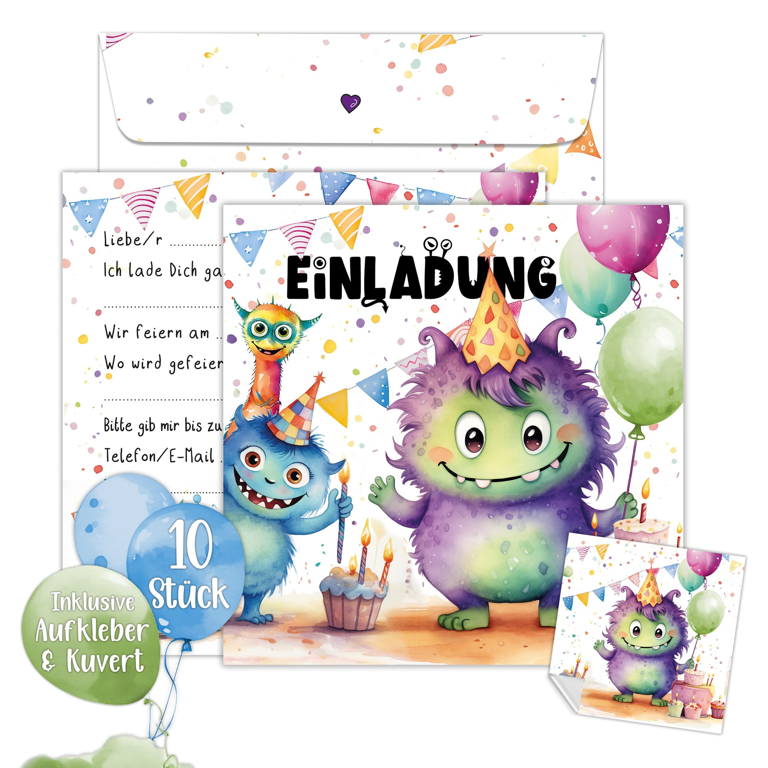 TOBJA Einladungskarten 10 Einladungskarten Monste inkl Umschläge und Sticker, Kindergeburtstag Junge Geburtstag Einladung Kinder