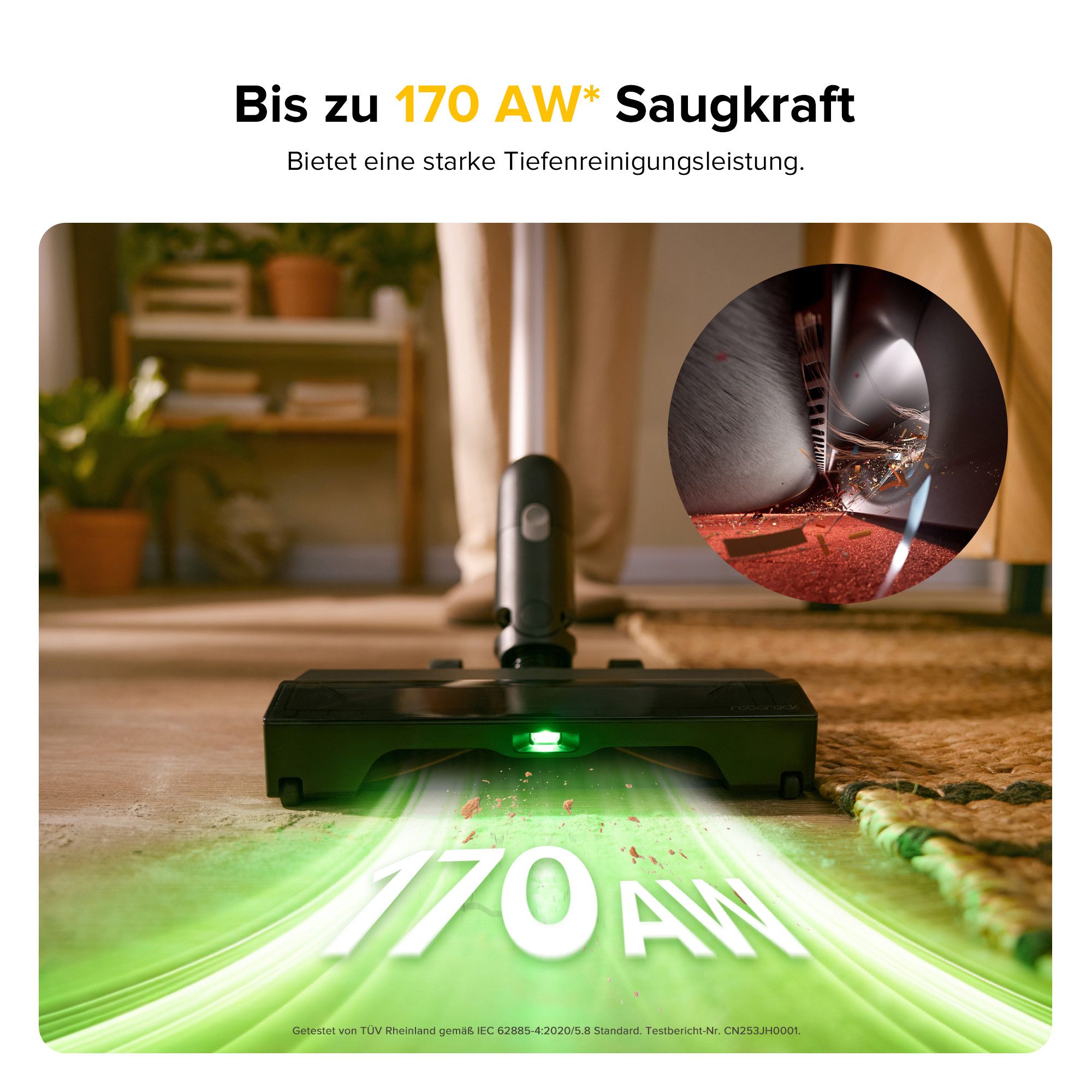 Roborock Akku-Handstaubsauger H60 Pro Handstaubsauger, Akku-Staubsauger 500 W Saugleistung, 500 W, 80 Min Laufzeit, 90° flexibles Saugrohr, LED, Anti-Tangle-Bürste für Teppiche