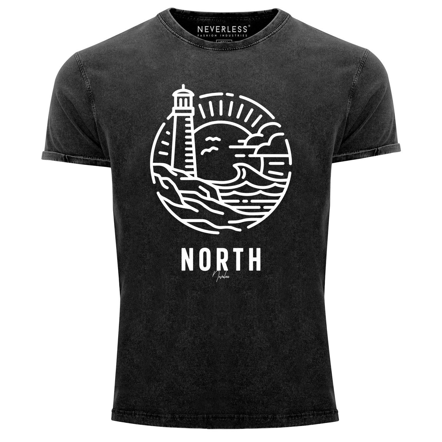 Neverless Print-Shirt Neverless® Herren T-Shirt Vintage Shirt Printshirt Logo Outline Art maritim Leuchtturm Welle Used Look Slim Fit mit Print schwarz