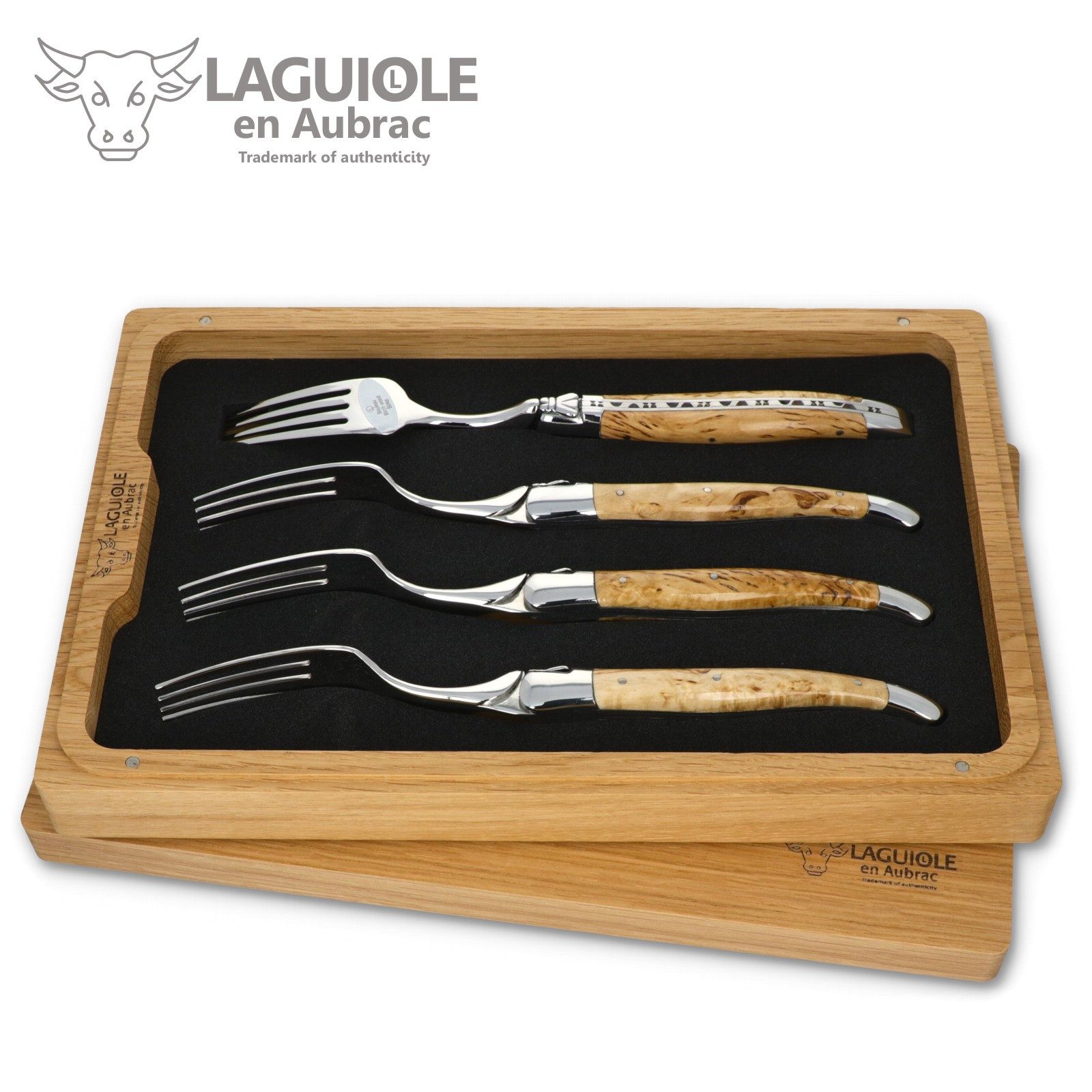 Laguiole en Aubrac Steakbesteck 42F99BHIH BRI, 4 Gabeln - Griff Birkenholz - Backen und Gabelteil Stahl glänzend