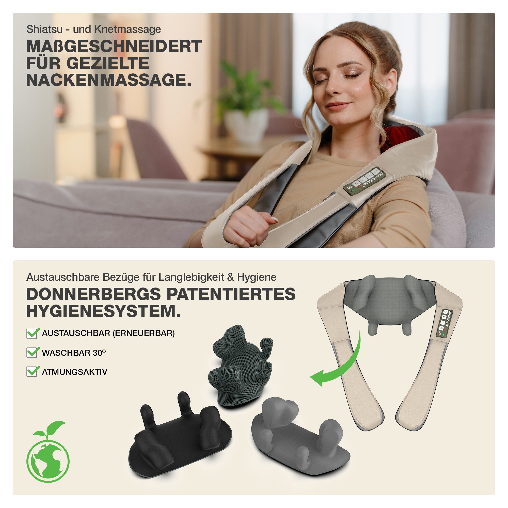 Donnerberg Nacken-Massagegerät Proneck KNM-002 Beige, 7 Jahre Kraftmotor Garantie, 4D Massagegerät mit Wärmefunktion
