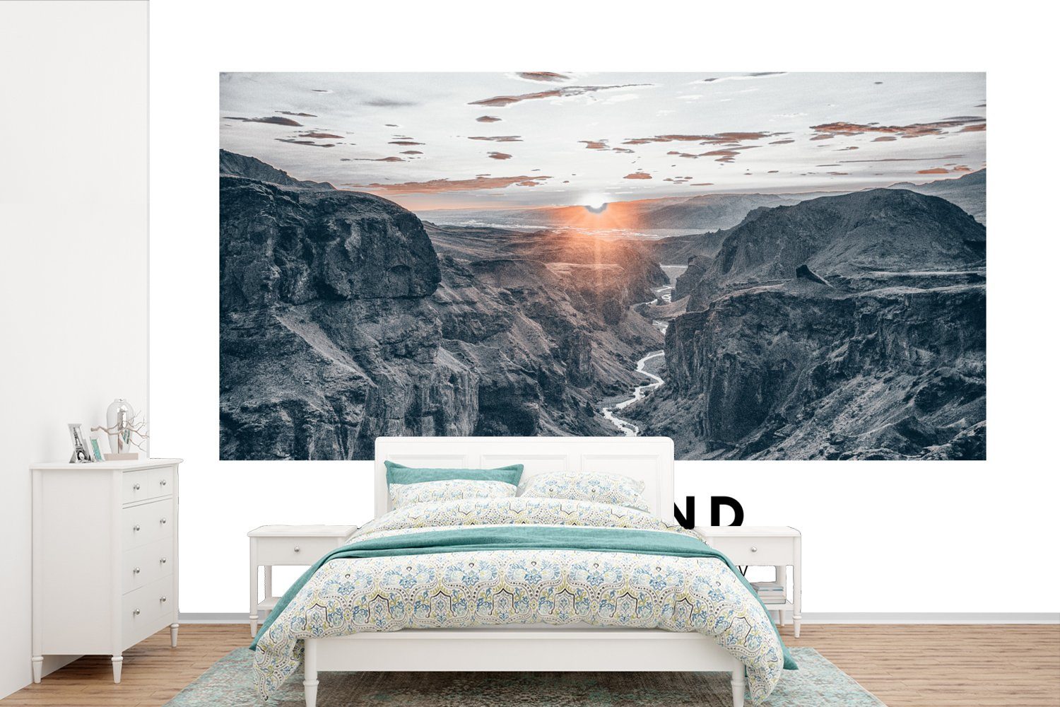 MuchoWow Fototapete Island - Fluss - Berge, Matt, bedruckt, (6 St), Wallpaper für Wohnzimmer, Schlafzimmer, Kinderzimmer, Vinyl Tapete