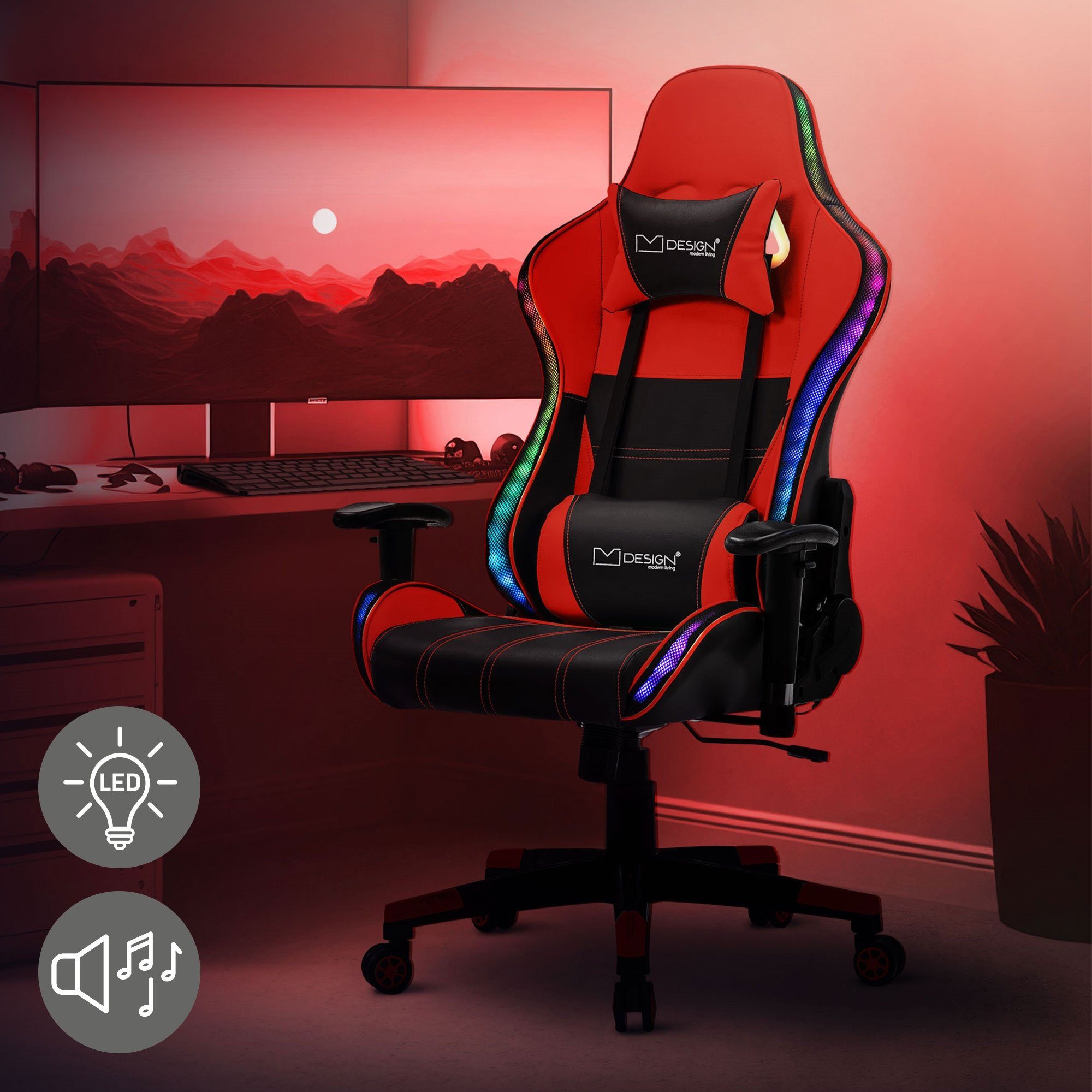 ML-DESIGN Gaming-Stuhl Schreibtischstuhl mit RGB LED-Beleuchtung & Bluetooth-Lautsprechern, Bürostuhl Schwarz-Rot aus Kunstleder Rückenlehne Kopfstütze