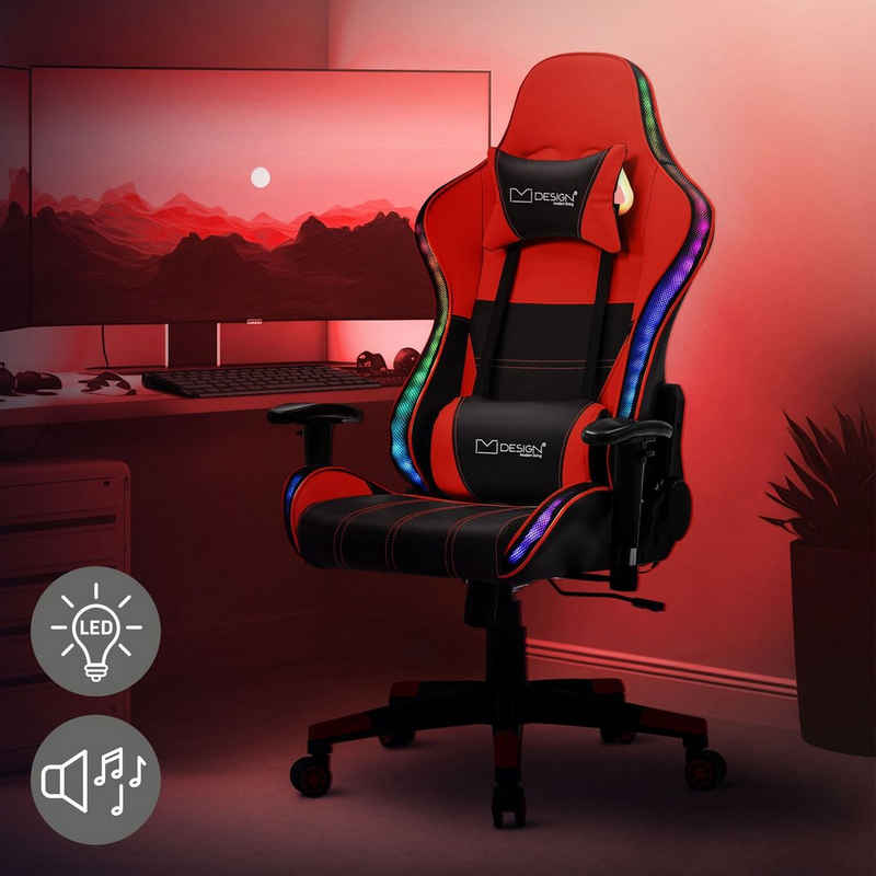 ML-DESIGN Gaming-Stuhl Schreibtischstuhl mit RGB LED-Beleuchtung & Bluetooth-Lautsprechern, Bürostuhl Schwarz-Rot aus Kunstleder Rückenlehne Kopfstütze