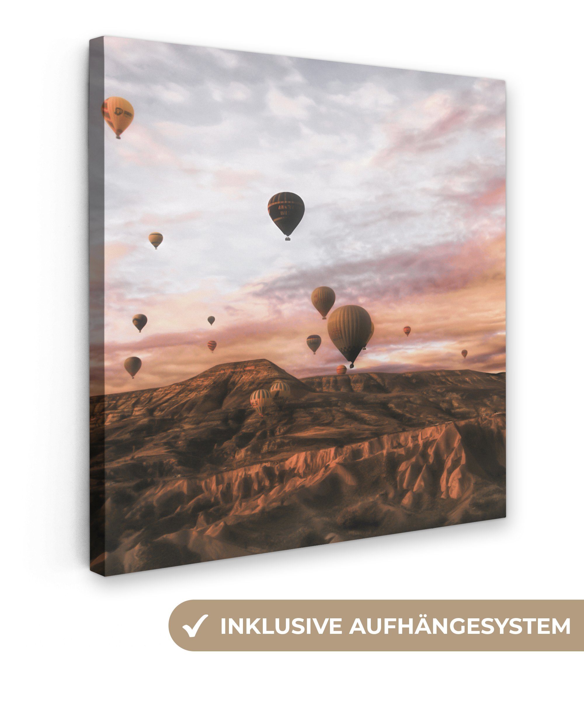 OneMillionCanvasses® Leinwandbild Landschaft - Heißluftballon - Berge - Braun, Fotodruck (1 St), Wandbild, Deko Schlafzimmer Wohnzimmer Flur 20x20 cm