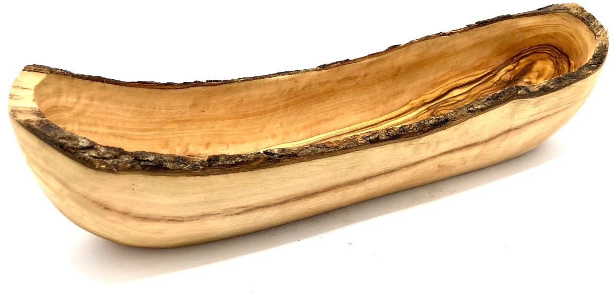 Olivenholz-erleben Brotschale rustikal aus edlem naturbelassenem Olivenholz, Massivholz, (1-tlg), Einzigartige Maserung, naturgewachsene Schale, ideal für Baguette