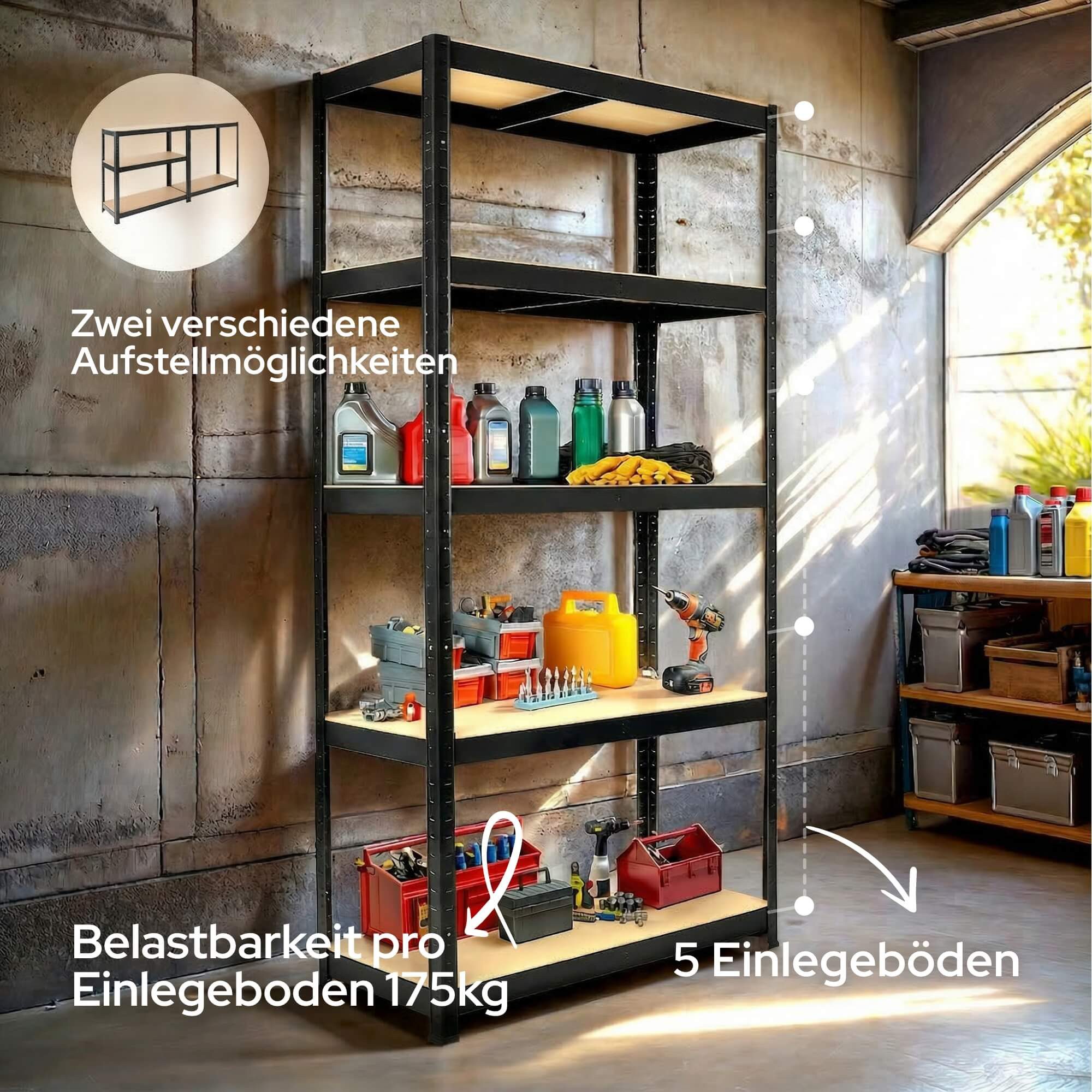 Arebos Schwerlastregal 180x90x40 cm, 5 Böden, 875 kg Traglast, Steckregal, Lagerregal, Stück 2-tlg., Flexibel einsetzbar: für Werkstatt, Garage, Keller oder Lager