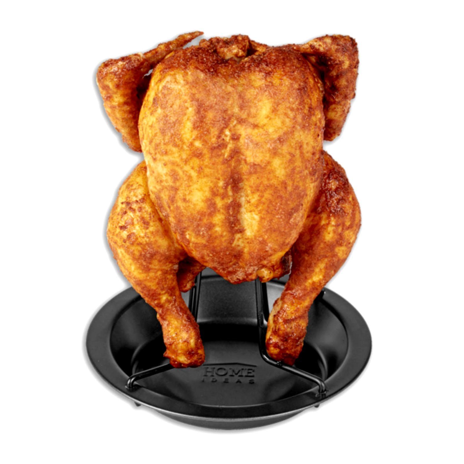 HAC24 Grillguthalter Hähnchenhalter Hähnchenbräter Grill Ofen Hähnchenständer, Metall, (1-St), inkl. Auffangschale, Ø 17,5 cm