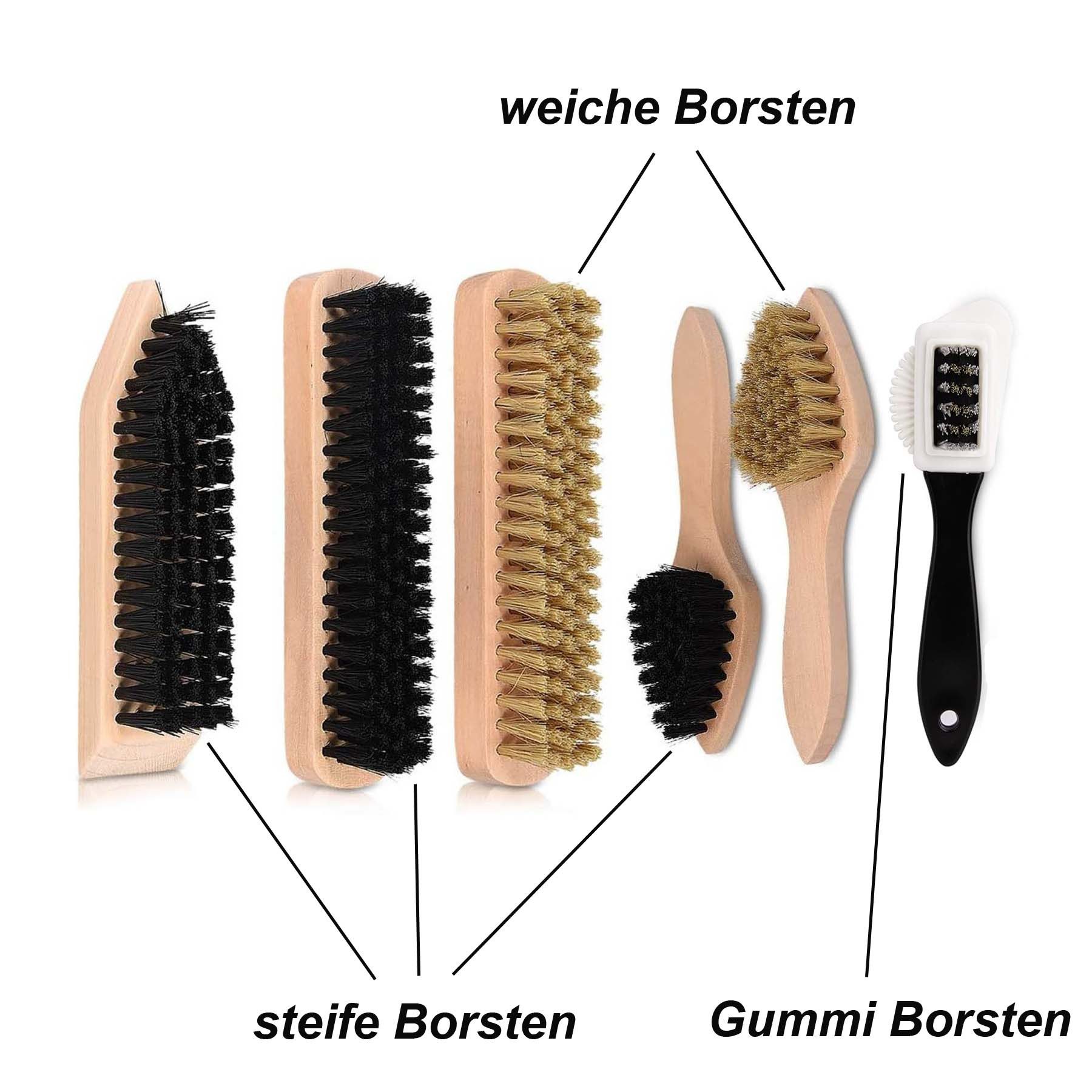 HAC24 Schuhputzbürste Schuhpflegeset Schuhputzset Schuhpflege Set, (8-tlg), 6X Bürste 1x Schmutzradierer 1x Poliertuch