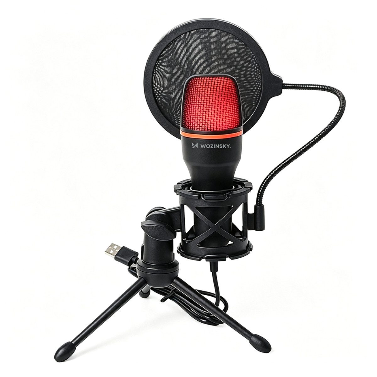 Wozinsky Streaming-Mikrofon WM-W111, 360° Aufnahme, RGB-Beleuchtung, Stativ und Popfilter