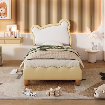OKWISH Polsterbett Kinderbett mit kuscheligem Bärenkopfteil, Holzlattenrost, Kunstleder (90x200cm), ohne Matratze