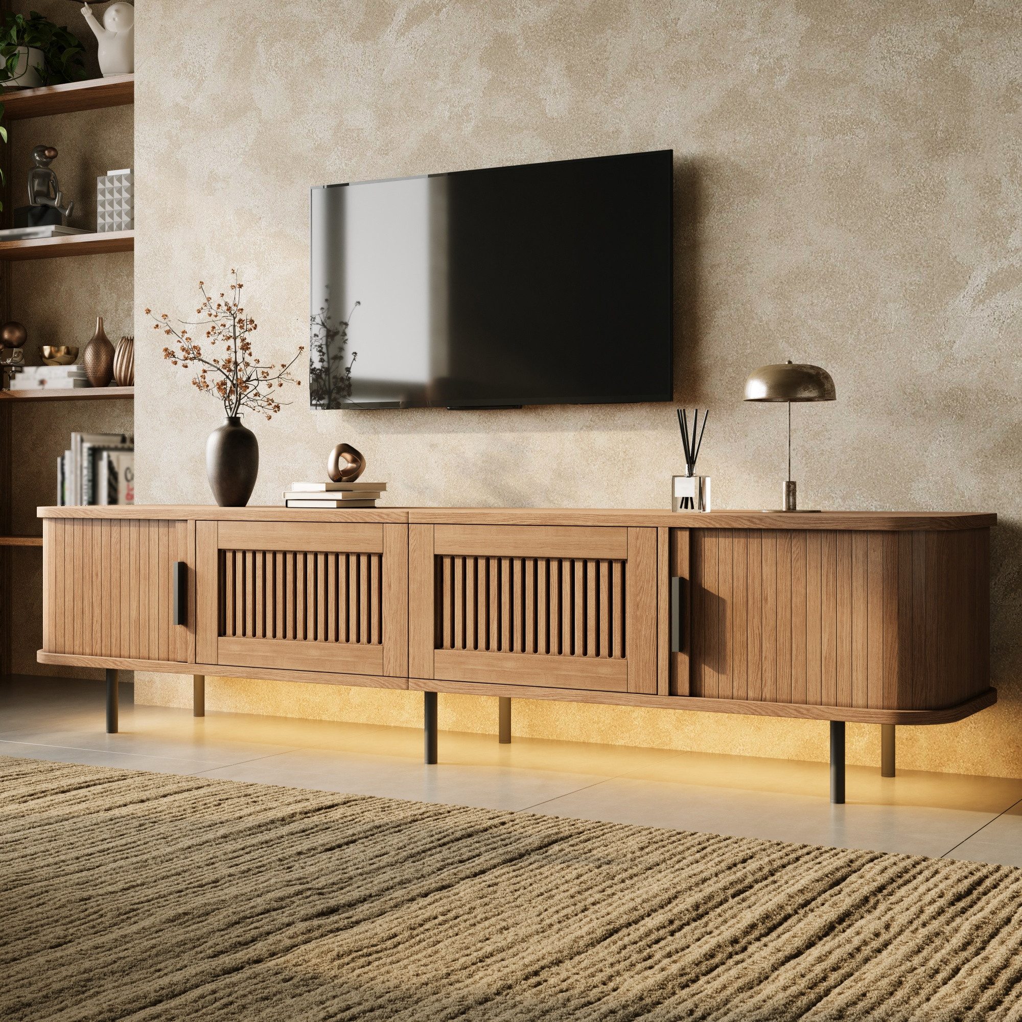 Merax Lowboard mit LED-Beleuchtung, abgerundete Fernsehbank mit Kabelmanagement (180 x 40 x 44,5 cm (L x B x H), 1 St), TV-Schrank mit 2 Gitteroptik-Schubladen, 2 Schiebetüren & Eisenfüßen