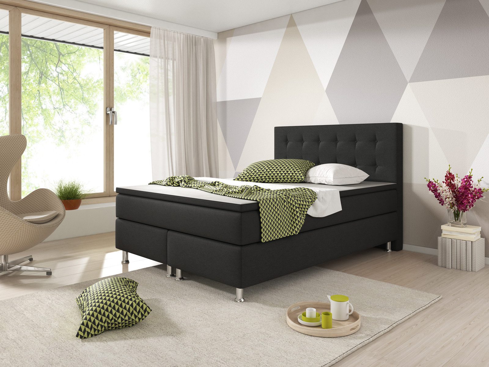 inter Boxspringbett Boxspringbett K-01 Webstoff (Bett 140x200 cm inkl.Kopfteil mit 7-Zonenmatratzen und Topper), H3, SOFORT LIEFERBAR