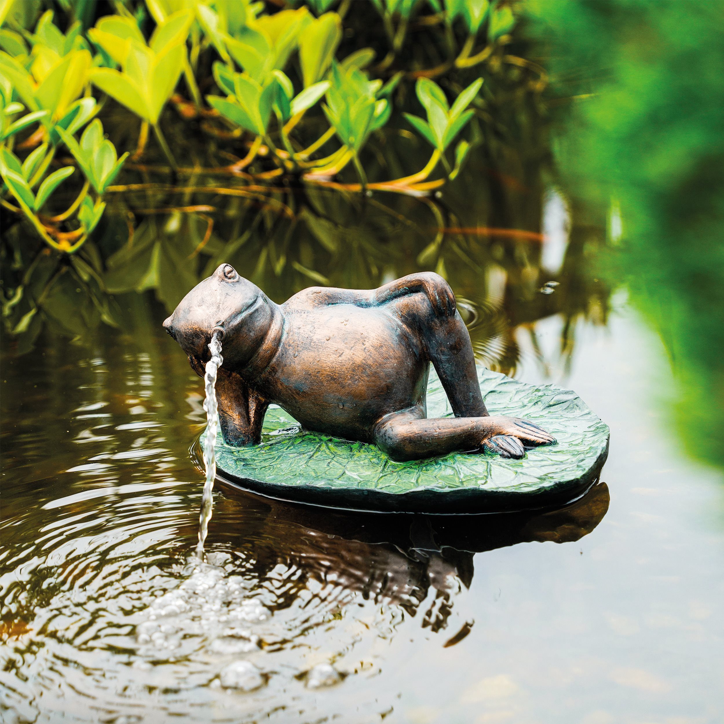 Wasserspeier Solar Teichfigur Komplettset Frosch auf Seerosenblatt H=17cm 101664
