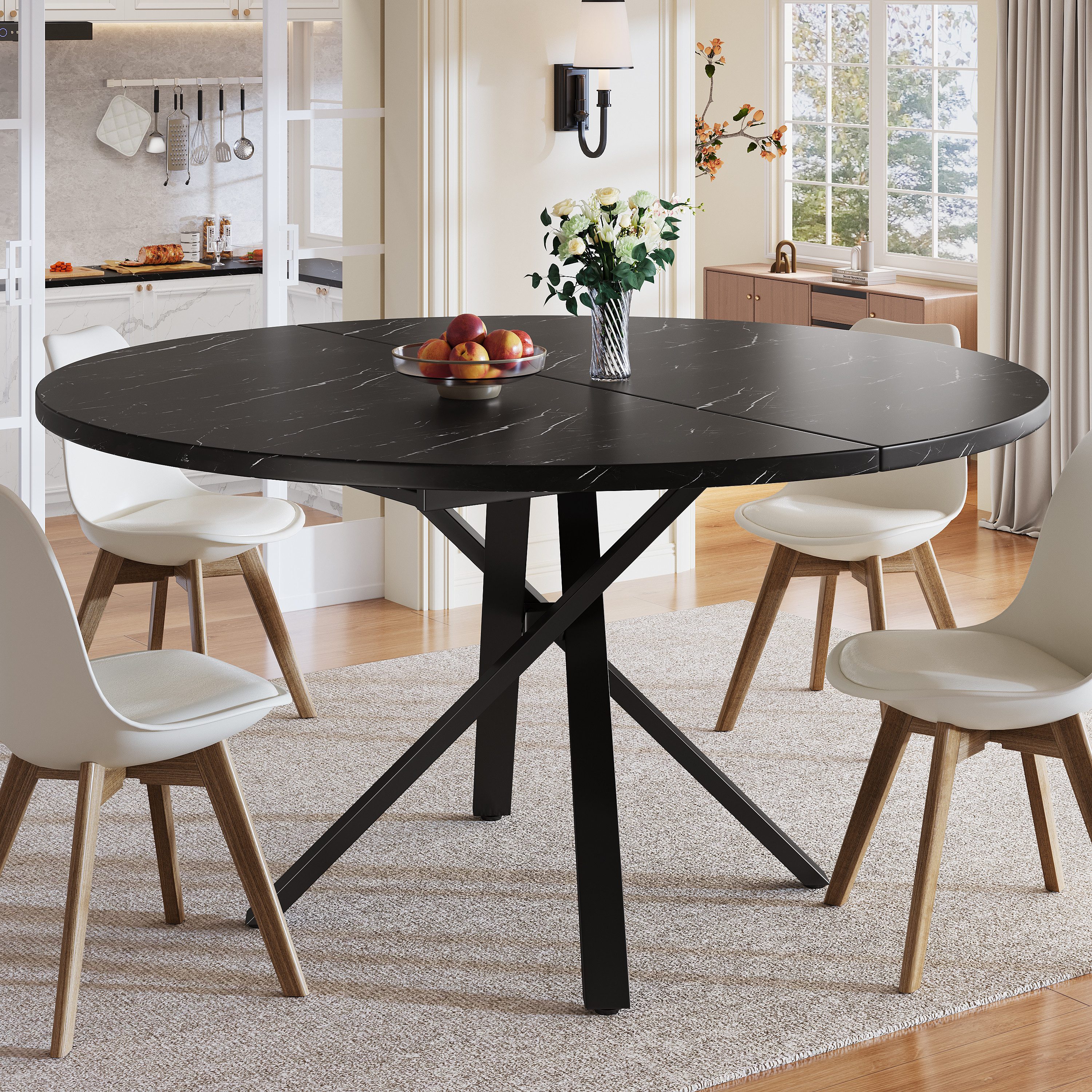 Flieks Esstisch ausziehbarer Küchentisch rund/oval (Länge 100-140x100x75,5 cm, 1-St., mit verstellbaren Füßen), erweiterbarer Tisch in Marmoroptik Schreibtisch Schwarz, Metallgestell