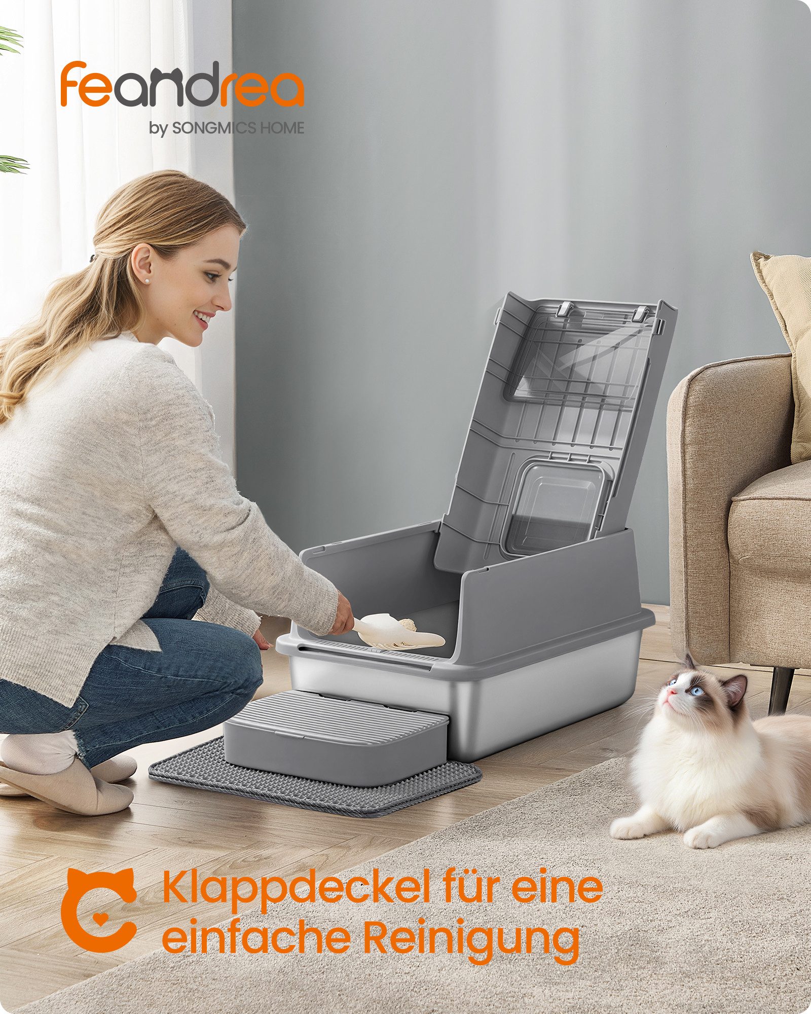 FEANDREA Katzentoilette Katzenklo Edelstahl, mit Deckel, mit Schaufel, Katzenstreumatte, 2 Eingängen, für Katzen bis 15 kg, 60 x 40 x 38 cm (L x B x H)