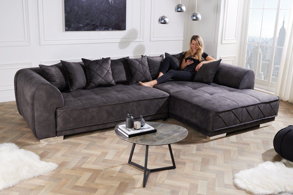riess-ambiente Couch 1 320cm · inkl. Design XXL · · L-Form Teile, · Kissen Ecksofa Wohnzimmer Einzelartikel · Modern dunkelgrau, DECADENCIA Samt