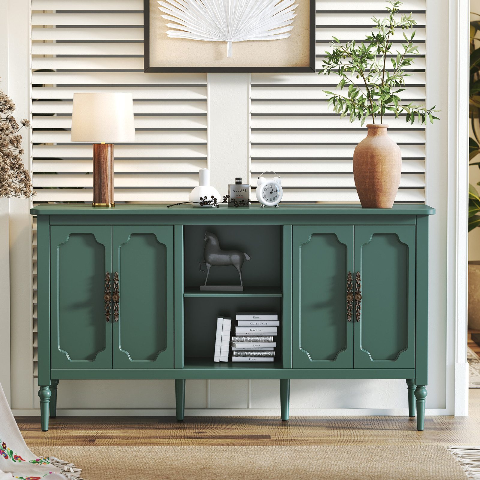 HOLTICO Sideboard Buffet Schrank mit 4 Türen und offenem Regal, Vintage Akzent Kommode (1 St), TV-Schrank, Küchenschrank, Kredenz, und Weinschrank