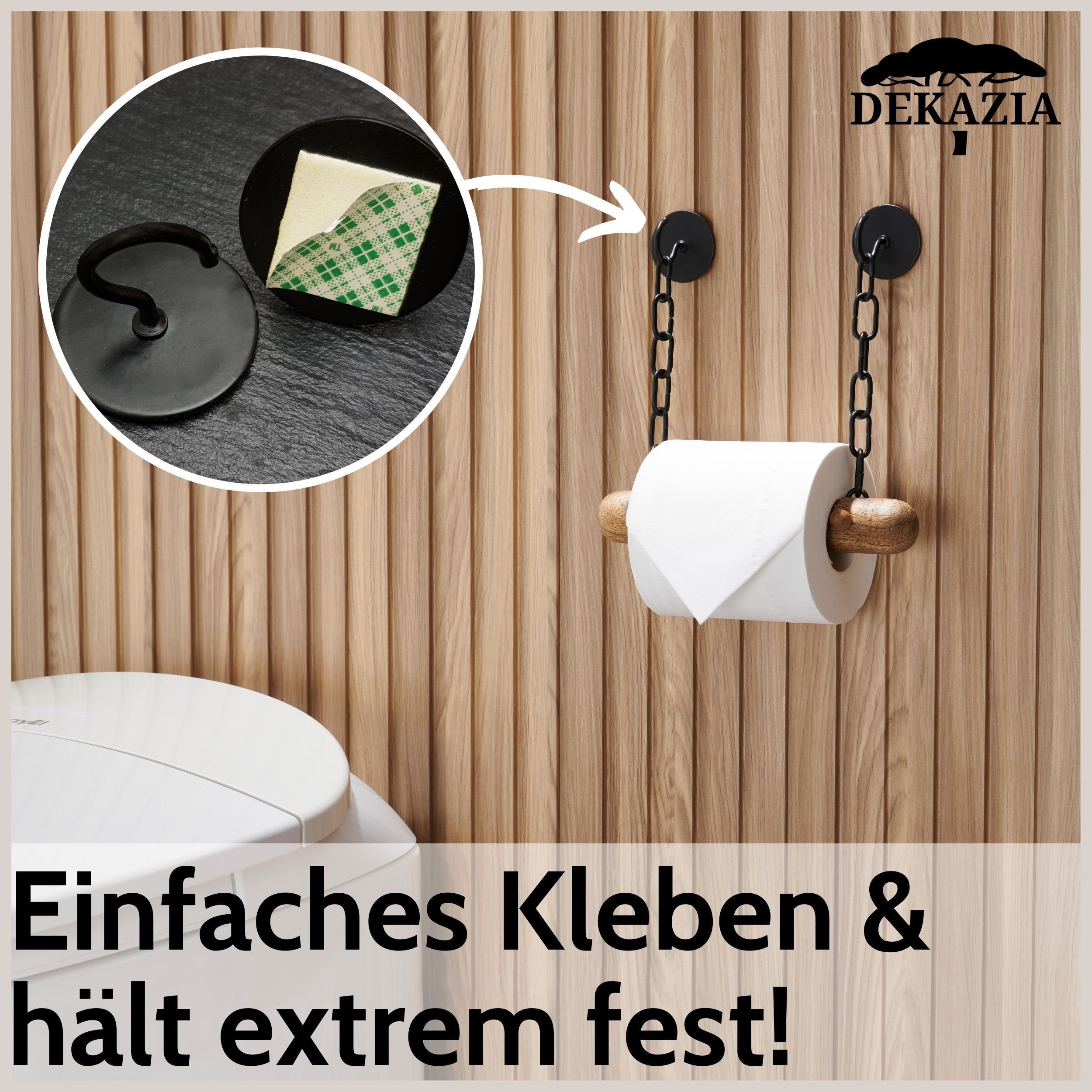 DEKAZIA Toilettenpapierhalter ohne Bohren, WC Papierhalter selbstklebend, Klorollenhalter Holz (Holz und Edelstahl, 5 Modelle, inkl. Klebepads / Montagematerial – Bild 2 von 5