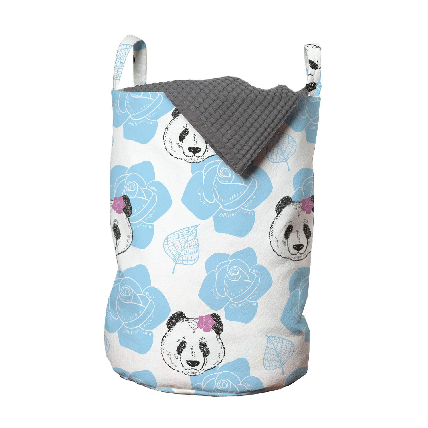 Abakuhaus Wäschesäckchen Wäschekorb mit Griffen Kordelzugverschluss für Waschsalons, Tiere Panda-Bär Köpfe mit Rosen