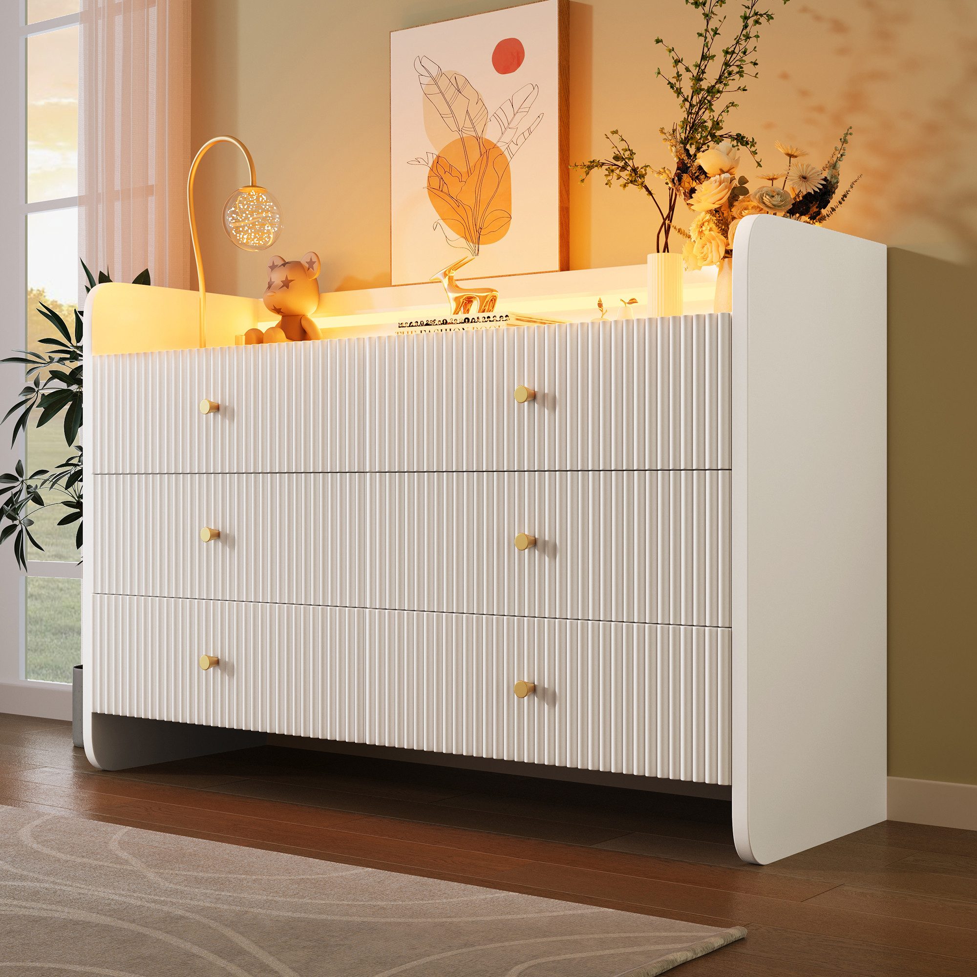 Flieks Kommode mit 6 Schubladen und LED-Beleuchtung (1 St., B120/T40/H75 cm), Sideboard Schrank für Wohnzimmer und Schlafzimmer Weiß
