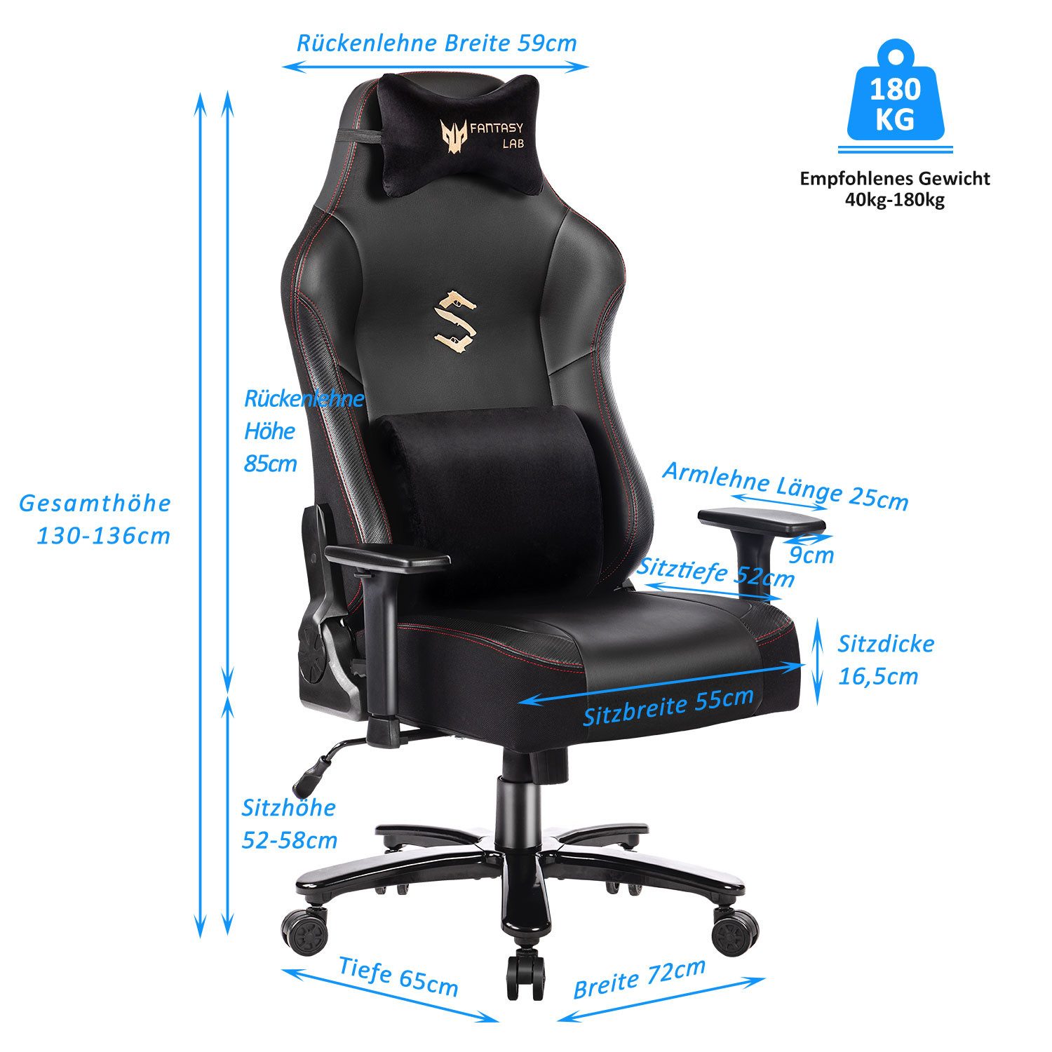 FANTASYLAB Gaming-Stuhl Massage, 180KG Belastbarkeit, 55x52cm günstig online kaufen