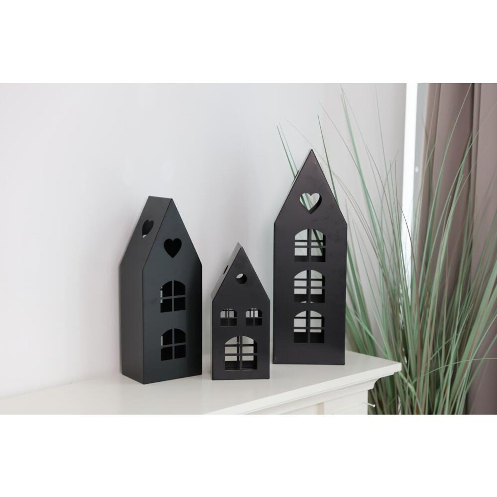 BURI Dekofigur 6x Haus 3er Set Schwarz Metall Innendekoration Figuren Statuen