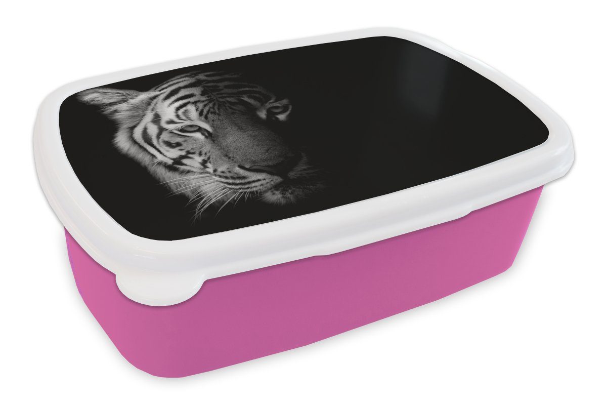 MuchoWow Lunchbox Tiger - Tiere - Wild - Schwarz - Weiß, Kunststoff, (2-tlg), Brotbox für Erwachsene, Brotdose Kinder, Snackbox, Mädchen, Kunststoff rosa