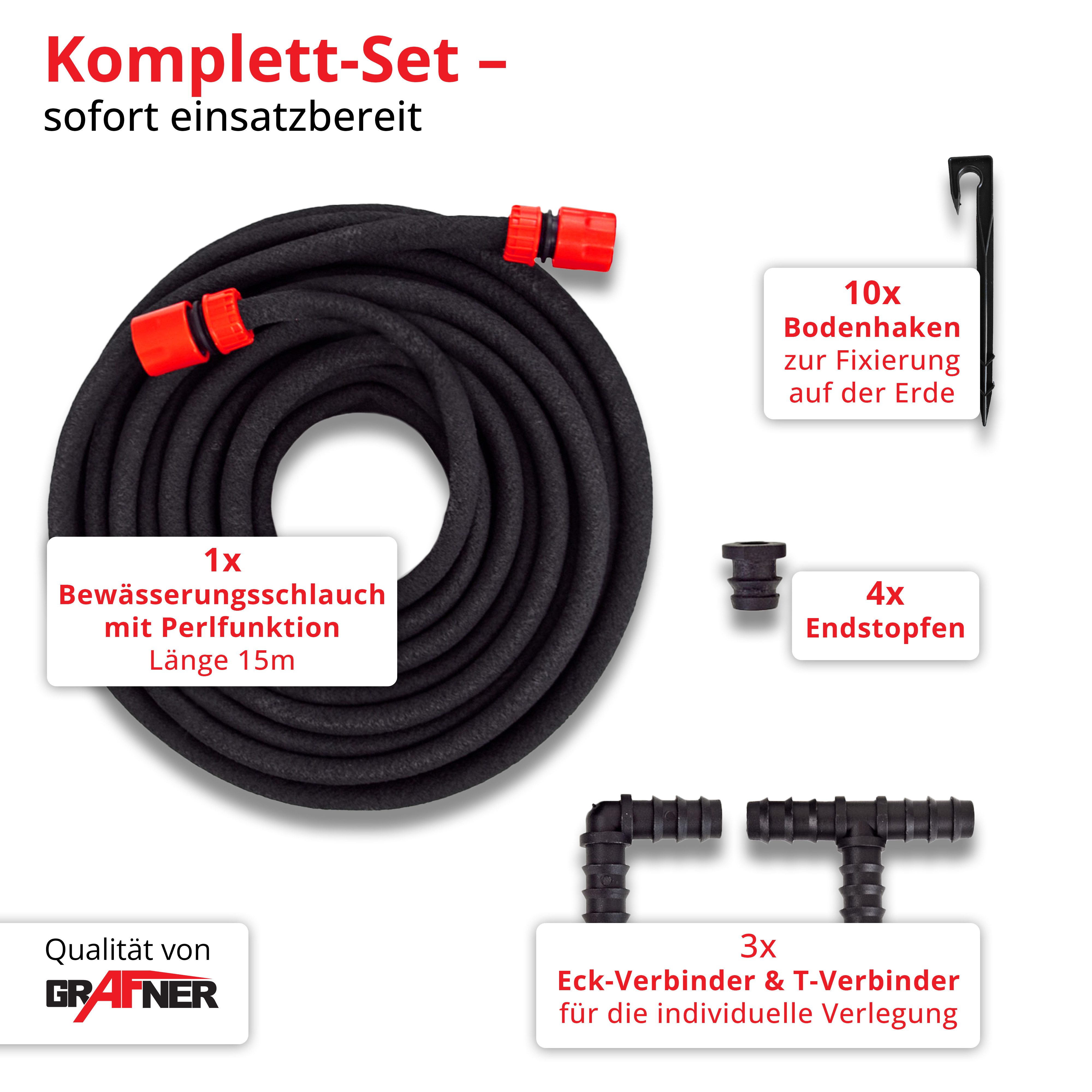 Grafner Bewässerungsschlauch Bewässerungsschlauch Perlschlauch 15m mit Perlfunktion Set, Einsparung bis zu 70%, (1), Adapter von 1/2 Zoll zu 3/4 Zoll