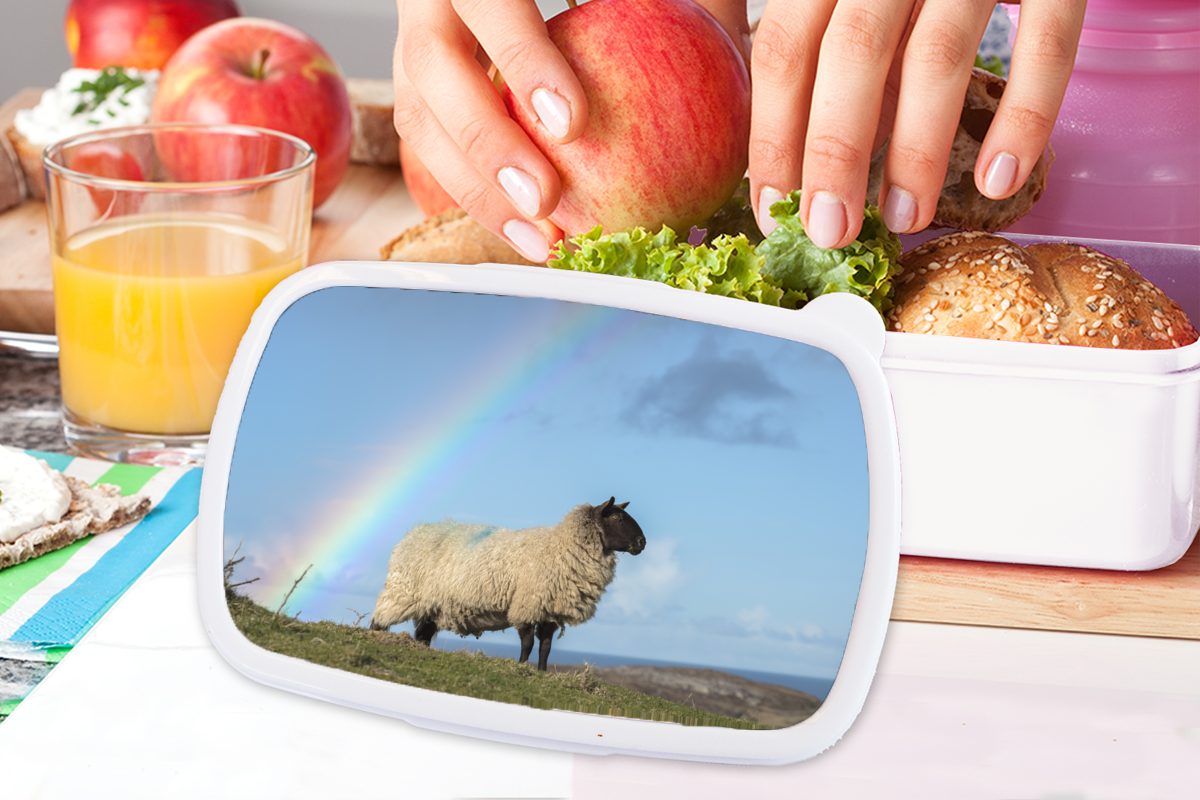 Brotdose, Kunststoff, weiß (2-tlg), - MuchoWow Mädchen Schaf Regenbogen, für Lunchbox - Brotbox und Erwachsene, Kinder und Jungs für Himmel