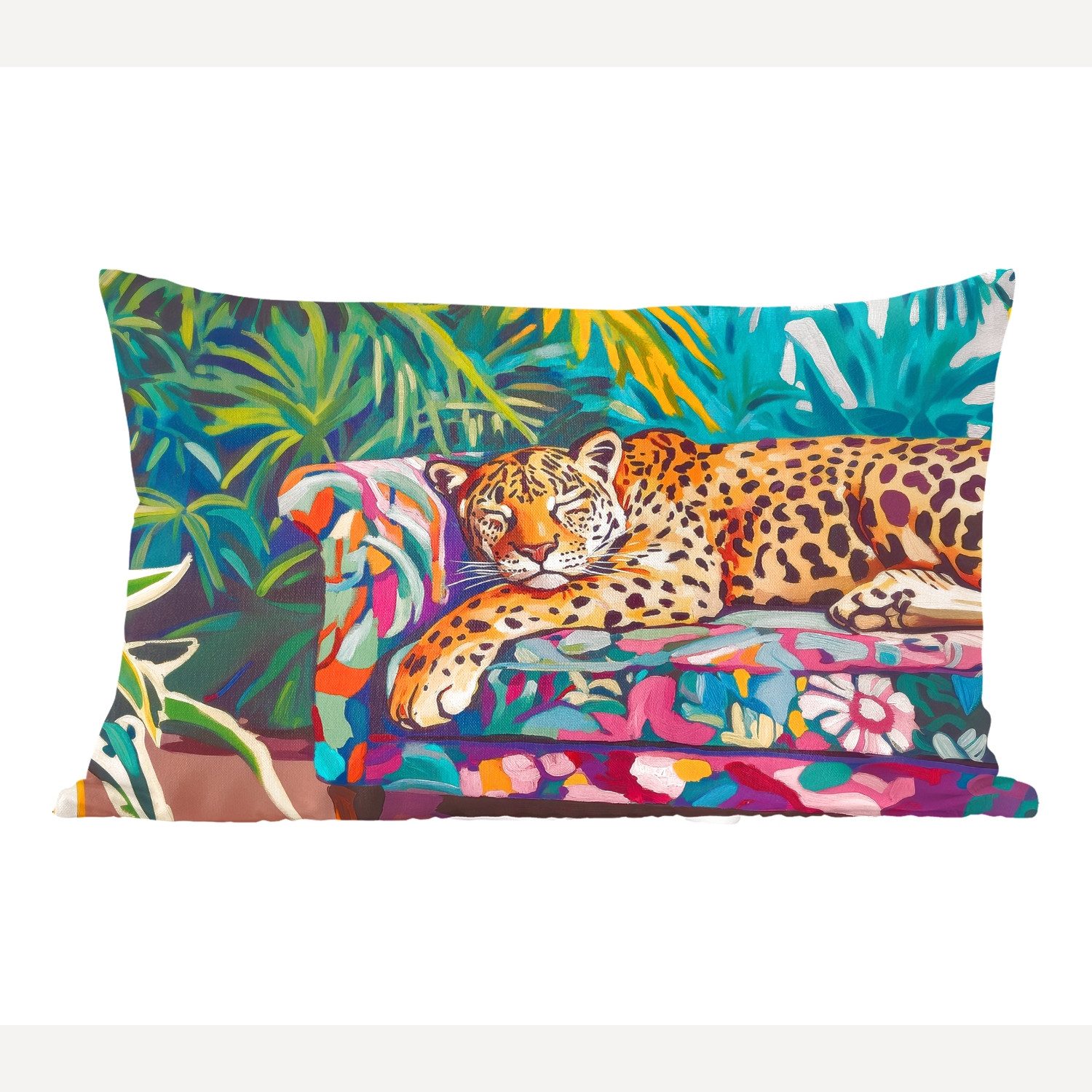 MuchoWow Dekokissen Leopard - Bunt - Tropisch, Dekoration, Zierkissen, Kissen mit Füllung, 50x30 cm