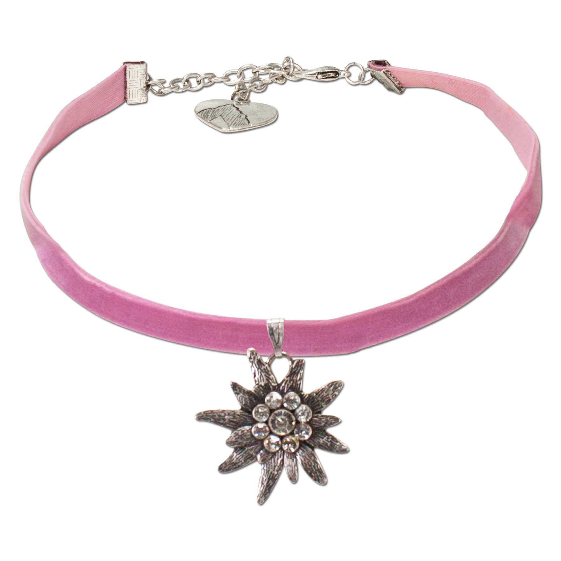 Alpenflüstern Ketten-Set Trachtenschmuck-Set Trachten-Samt-Kropfband und Ohrhänger Strass-Edelweiß (rosa-ros), - Damen-Trachten-Schmuck, Trachtenset Trachtenkette und Trachten-Ohrringe