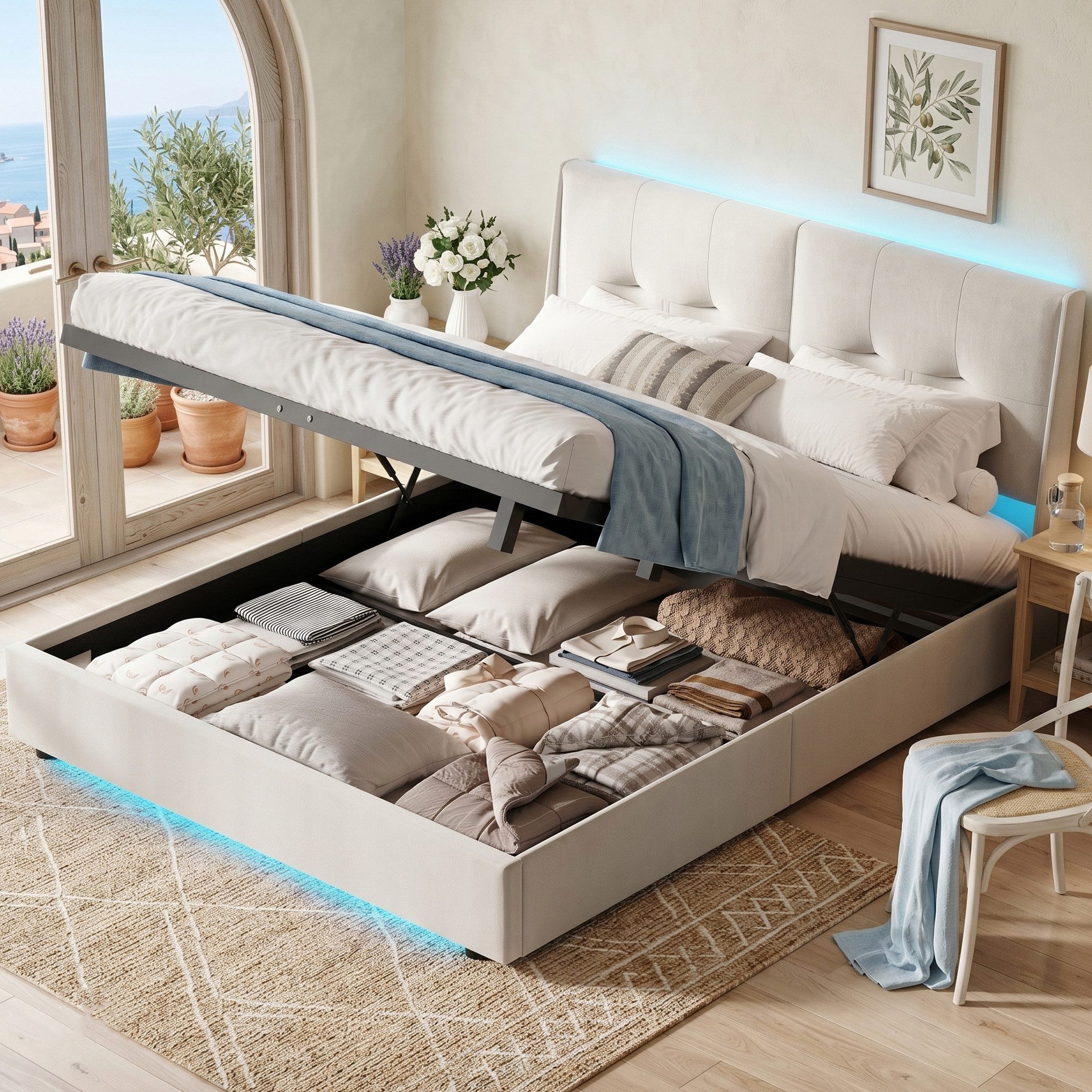 zebery Stauraumbett Polsterbett Doppelbett Mit hydraulischer Funktion (Packung, 1-tlg., Mit Bettkasten), 160x200 cm,LED-Leuchten,Kopfteil und Bettgestell,Samt,Beige