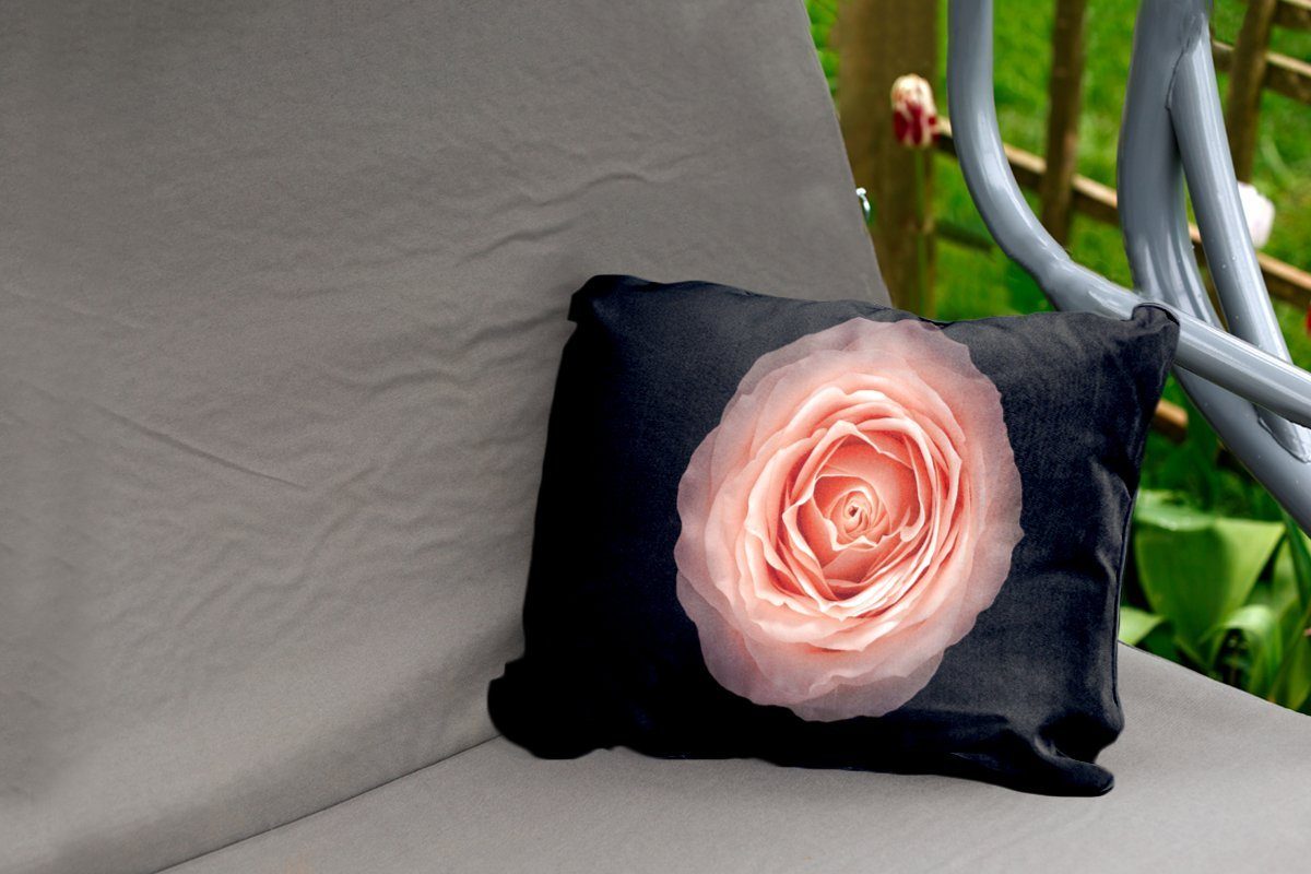 Ansicht oben, Outdoor-Dekorationskissen, Dekokissen Form Rosa auf MuchoWow Polyester, Runde von Kissenhülle Dekokissenbezug, Blume Hintergrund, schwarzem