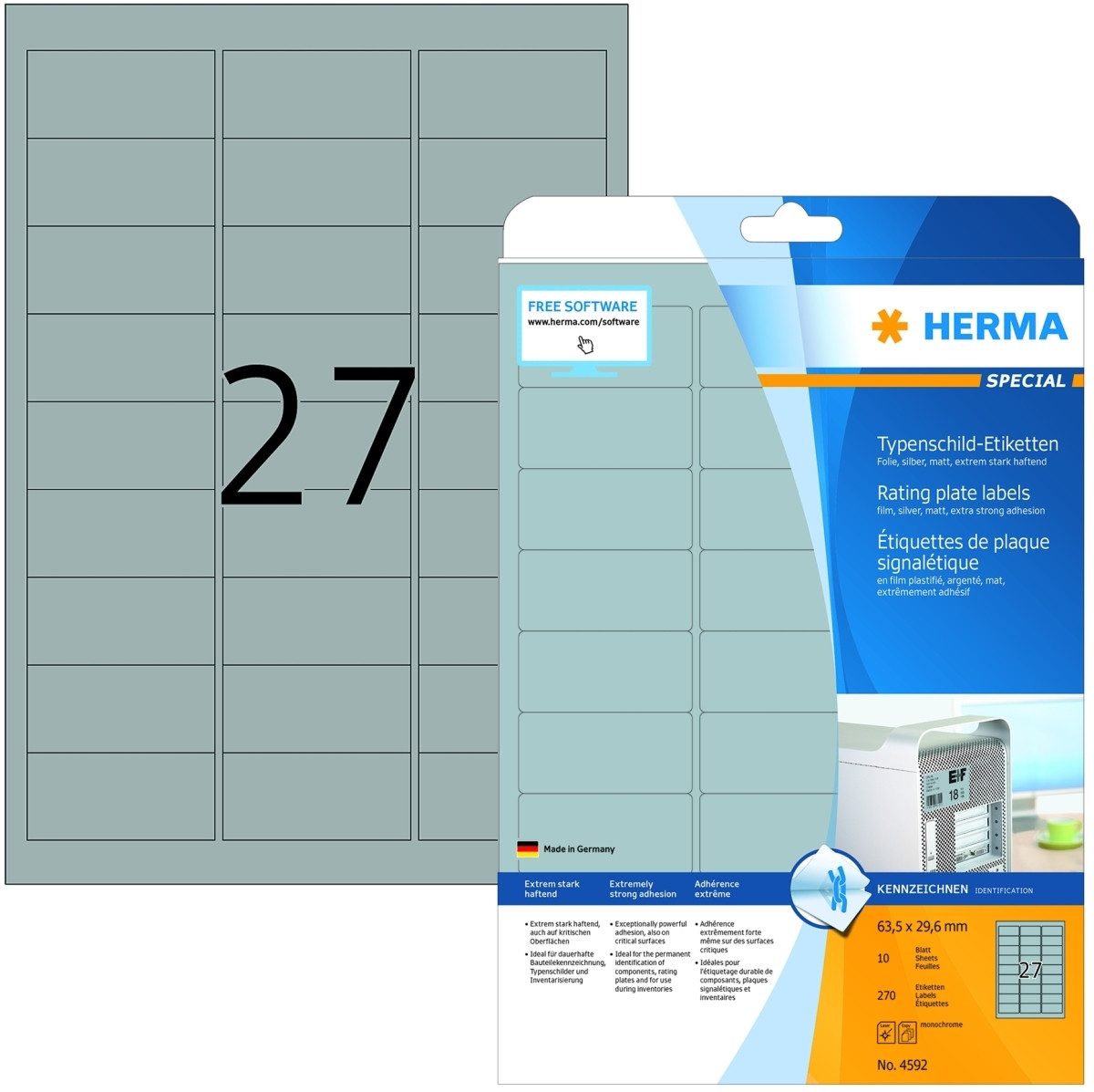 HERMA Etiketten Etiketten Folie Typenschild silber 63,5x29,6mm Special A4 LaserCopy VE