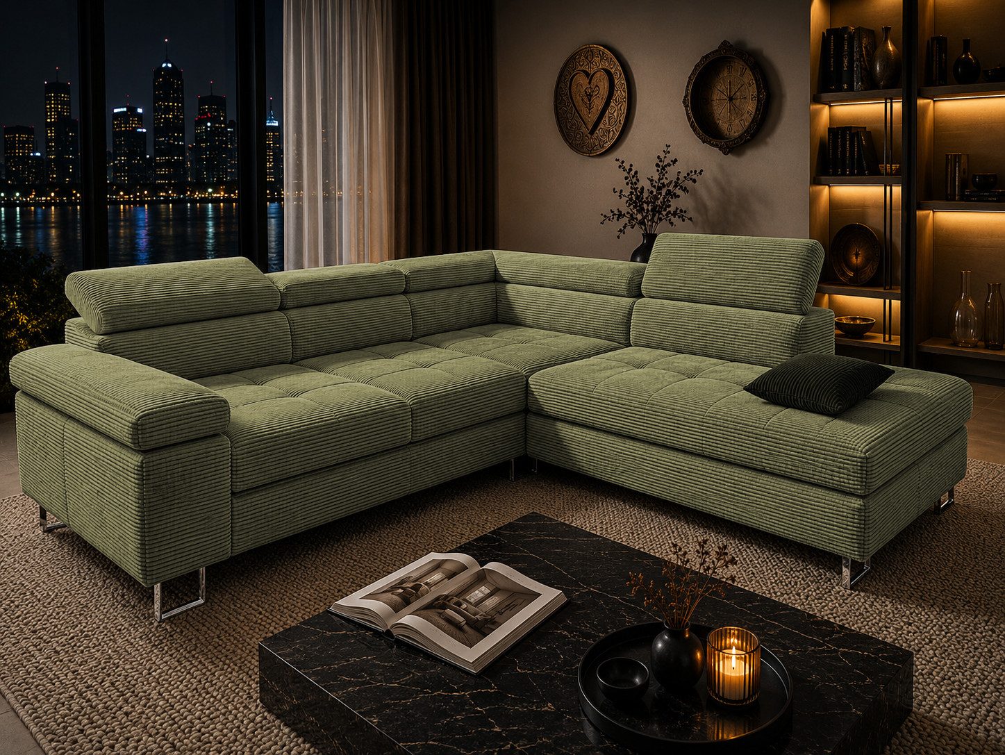 Goldstoff Ecksofa mit Schlaffunktion, Cord Couch für Wohnzimmer - Cord Ecksofa, Cord Sofa VOYAGE 2 Teile, Großer Bettkasten