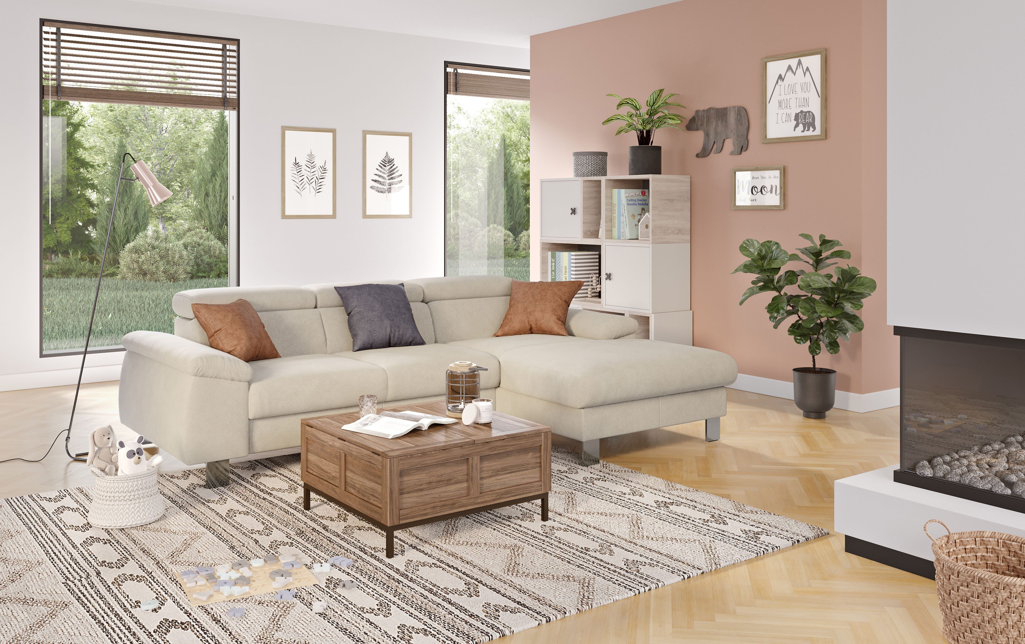 COTTA Ecksofa Komaris L-Form mit Kopfteilverstellung, wahlweise mit Bettfunktion, Bettkasten & Beleuchtung