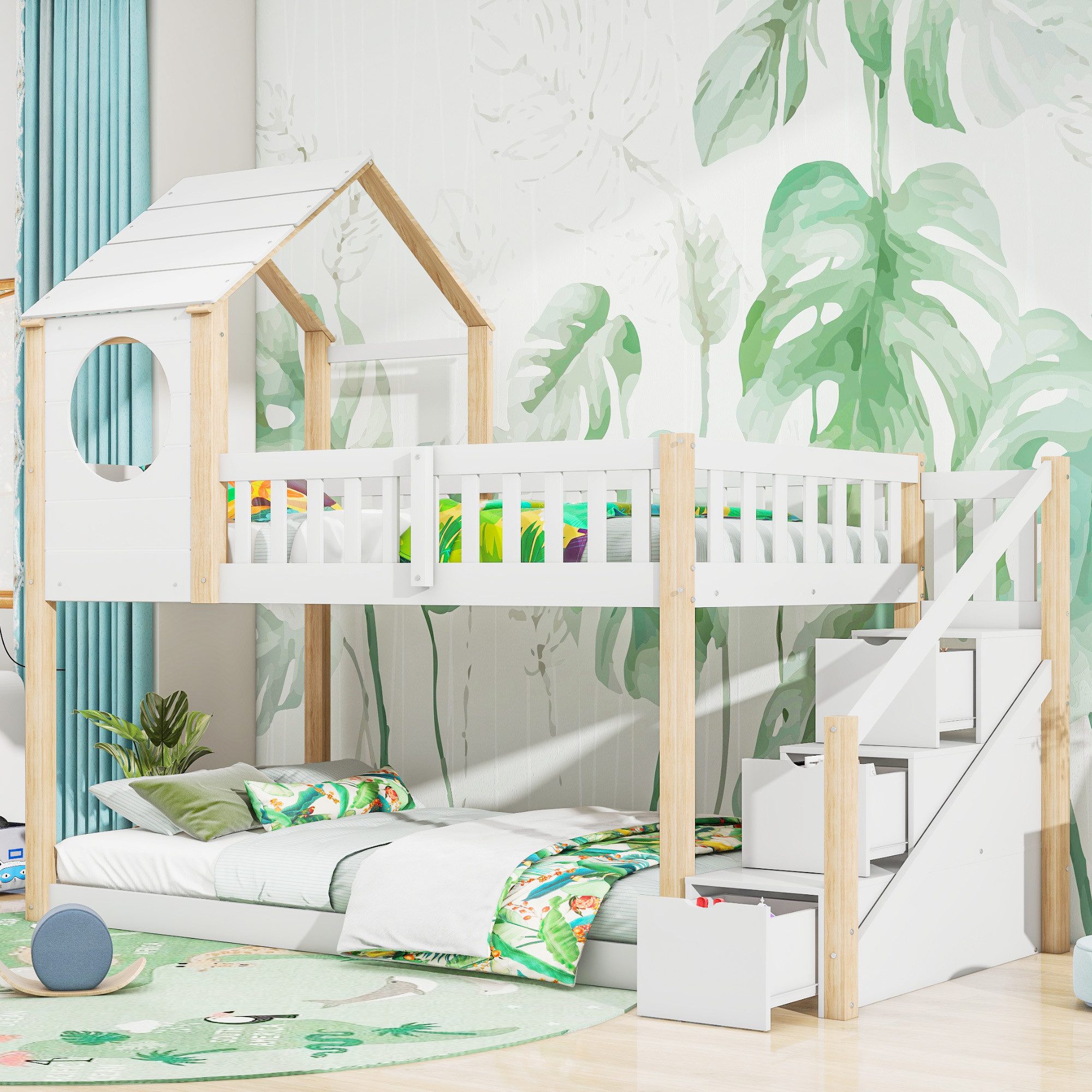 OKWISH Etagenbett Doppelbett, Kinderbett in Hausform (90 x 200 cm, ohne Matratze, weiß+Natur), Leiterschrank, Kiefernholz Haus Bett for Kids