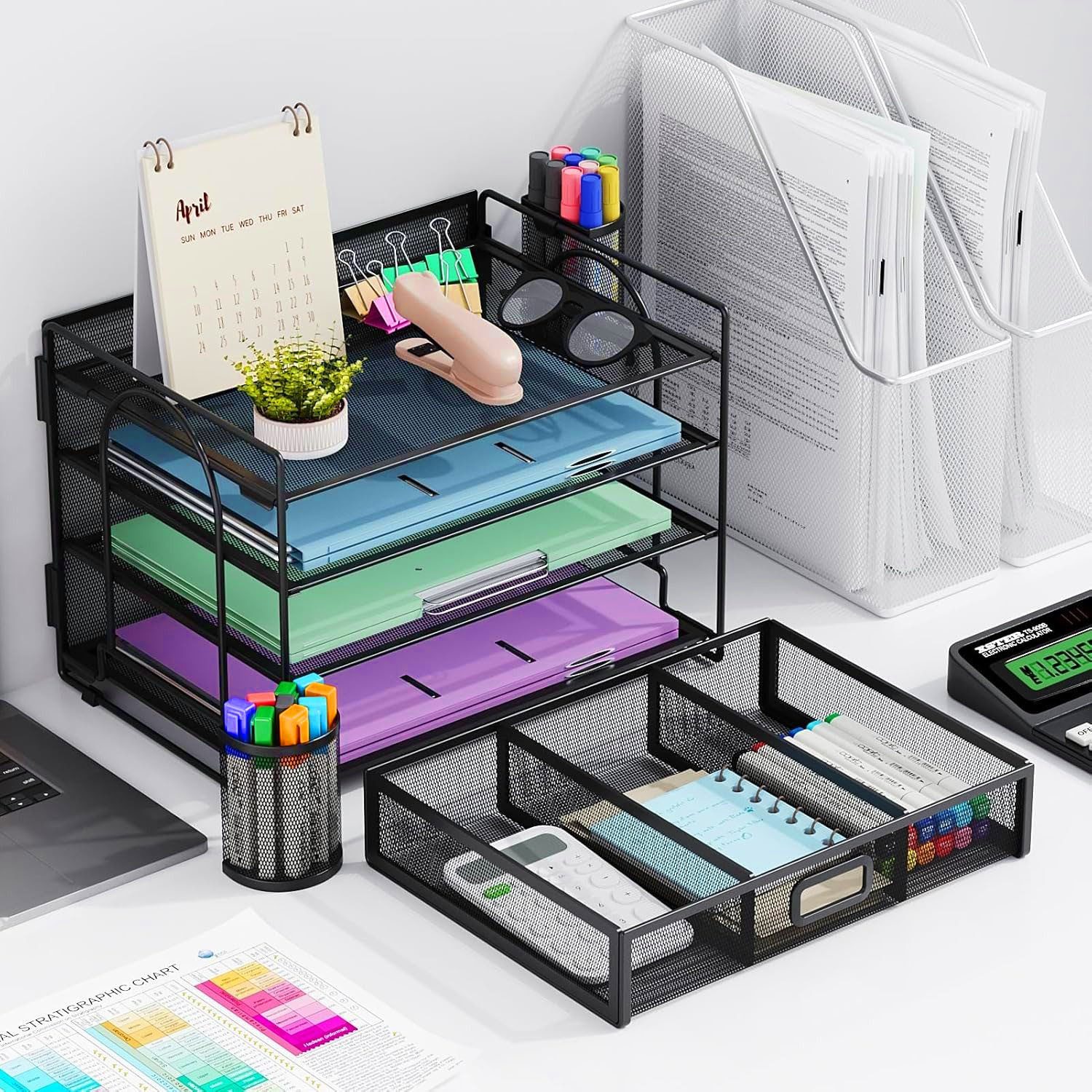 Thumbnail - SURFOU Organizer Schreibtisch Organizer ZubehörStiftehalter Bürobedarf Briefablage (Drahtgitter-Schreibtischorganisator ...