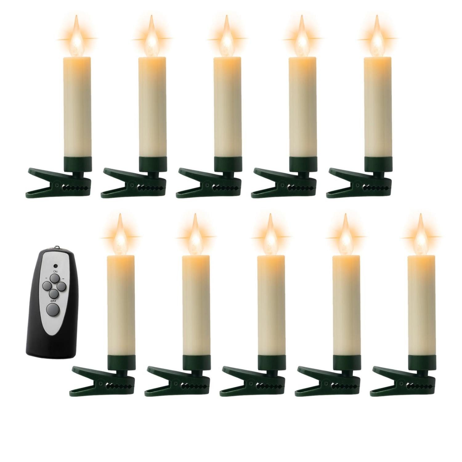 MARELIDA LED-Christbaumkerzen Baumkerzen mit Clip 10 Weihnachtskerzen Baumbeleuchtung kabellos Fernb, 10-flammig