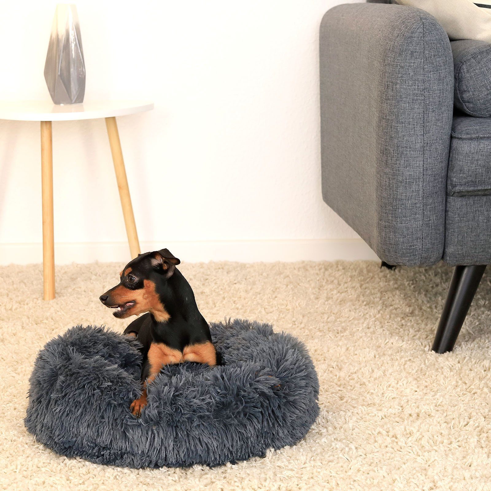lionto Tierkissen Donut rund mit Rand, Plüschbezug, weiches & gemütliches Hundebett mit Anti-Rutsch-Noppen