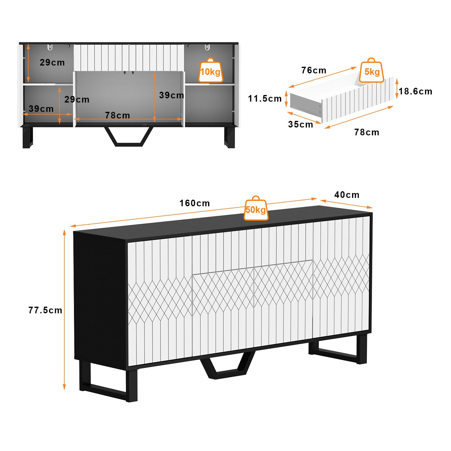 HOMSEE Sideboard mit 1 Schublade und 4 Türen – Modernes Schwarz-Weiß Design (1 St), 160x40x77,5 cm, Stauraumschrank für Küche, Flur & Wohnzimmer