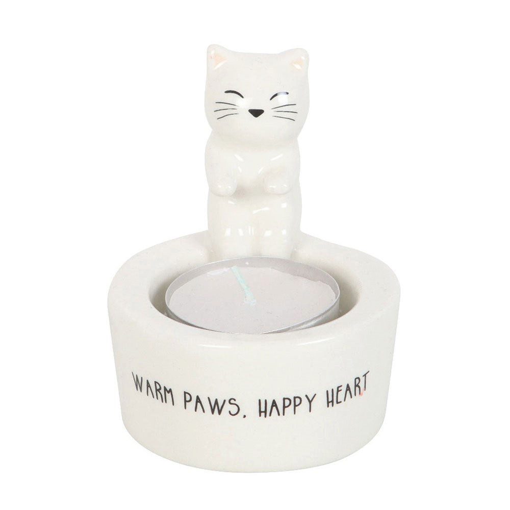 Something Different Teelichthalter Süßer Teelichthalter weiße Katze "Warm Paws Happy Heart", Süßer Teelichthalter weiße Katze "Warm Paws Happy Heart"