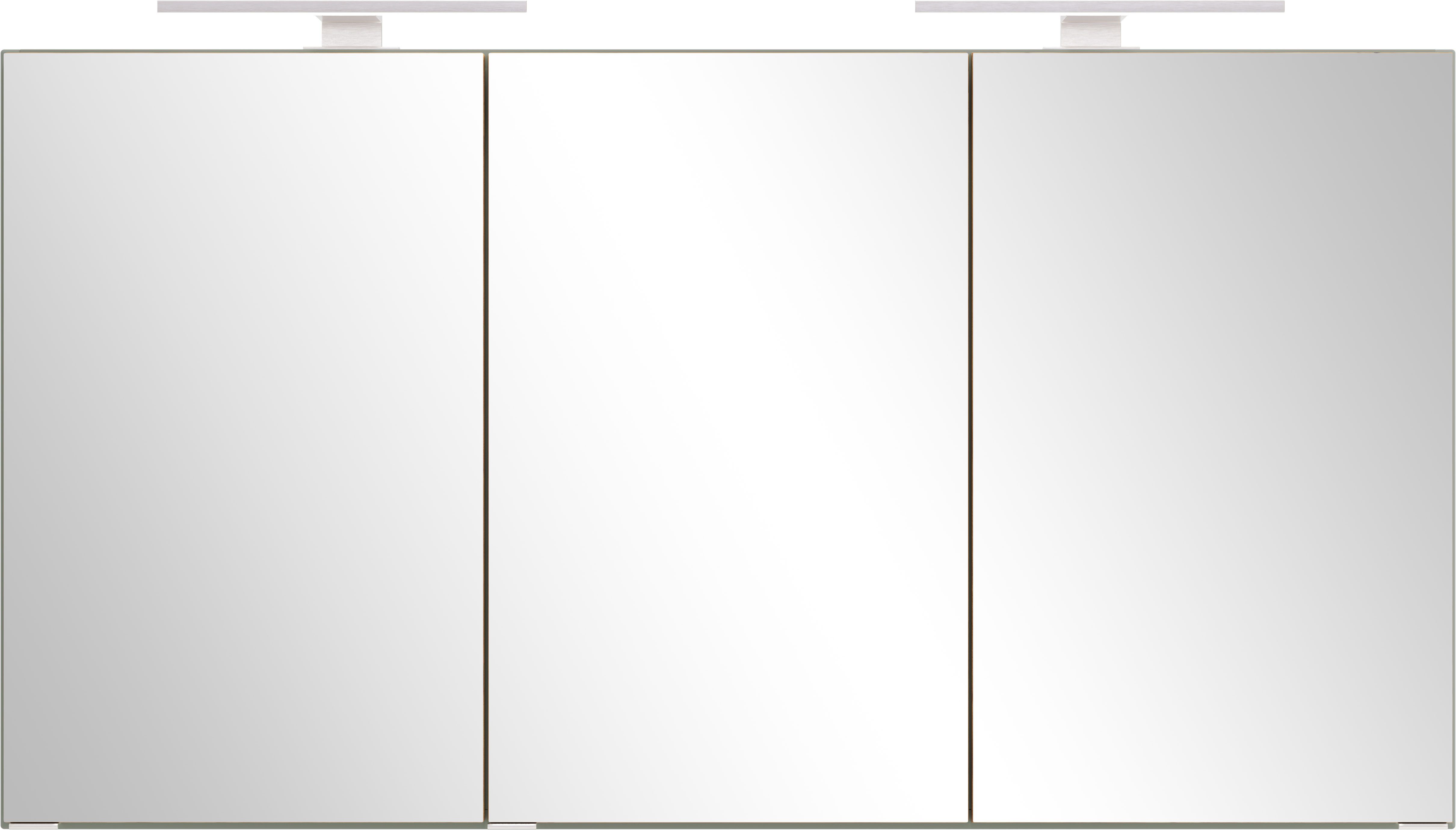 welltime Spiegelschrank TRIENT, 3D-Spiegelschrank 120 cm, gedämpfte Scharniere (Maße (B/H/T): ca. 120/64/20 cm) Schilfgrün/Wildeiche, gedämpfte Scharniere