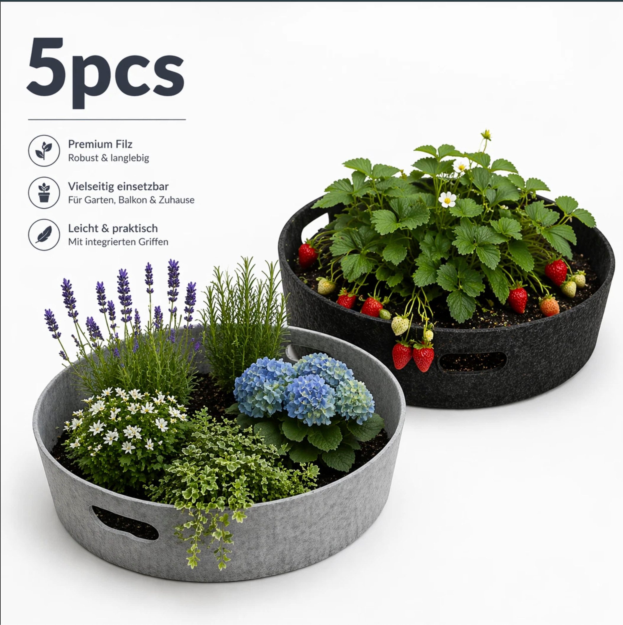 Pisi & Bili Blumentopf Filz Pflanztopf Flach Ø50 cm mit Griffen