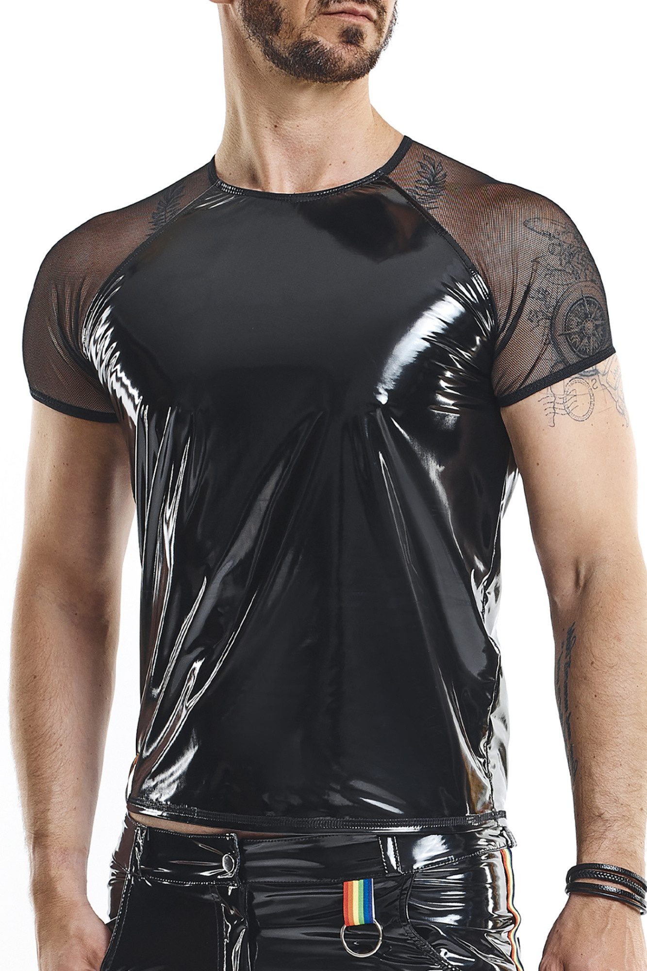 T-Shirt Herren T-Shirt schwarz mit Schultern aus Mesh elastisch fetisch