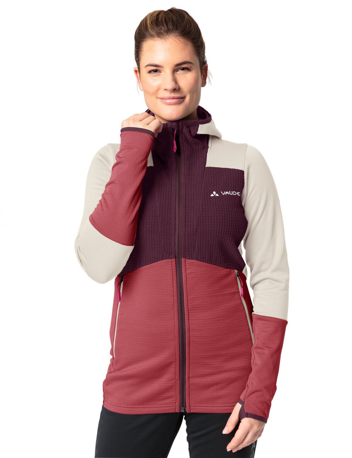 Jacket Women's kompensiert Hooded Outdoorjacke (1-St) cassis Grid Monviso Klimaneutral VAUDE Fleece