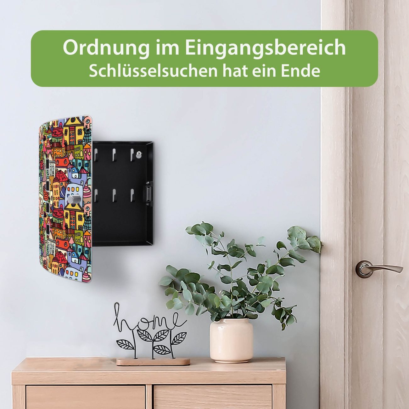 banjado Schlüsselkasten Edelstahl mit Motiv Funky Town (verstellbarer Magnetverschluss, mit 10 Haken, gebogene Tür, einstellbarer Magnet), 24 x 21,5 x 7 cm