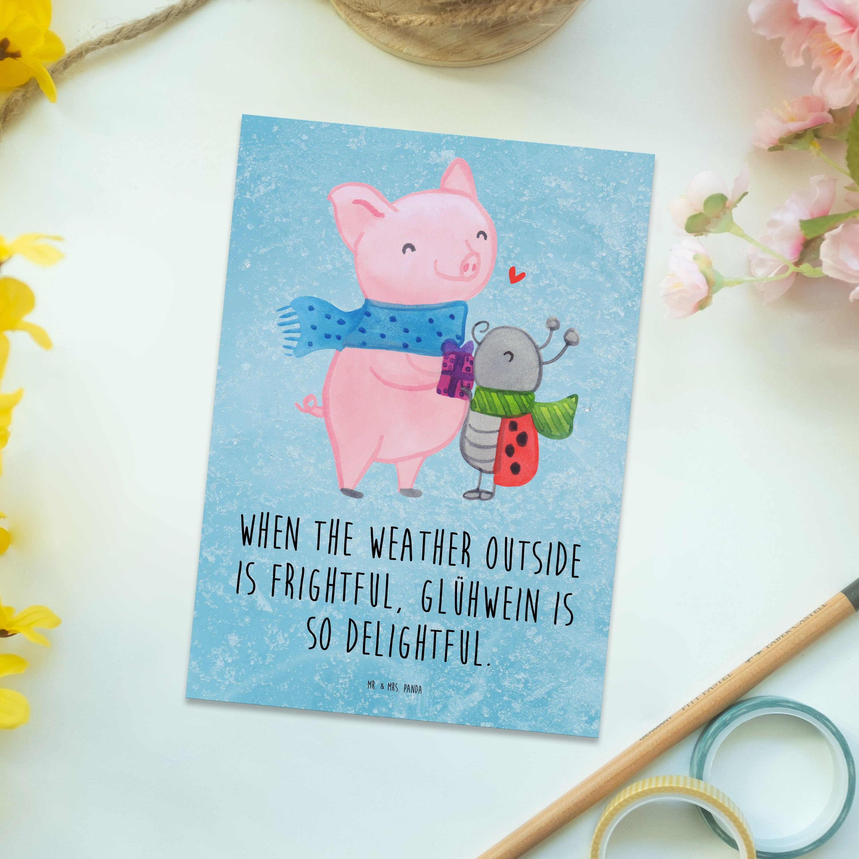 Mr. & Mrs. Panda - Geburtstagskarte, Postkarte Geschenk, Smörle Winter, Eisblau - Sü Glühschwein