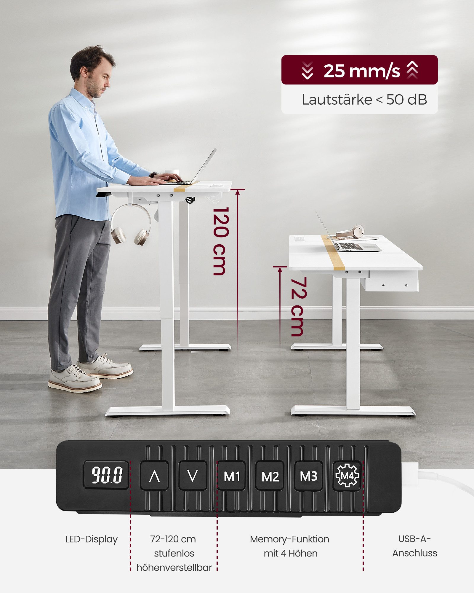 VASAGLE Schreibtisch höhenverstellbar, elektrisch, mit Steckdosen und Stoffschublade, Memory-Funktion mit 4 Höhen – Bild 4 von 5